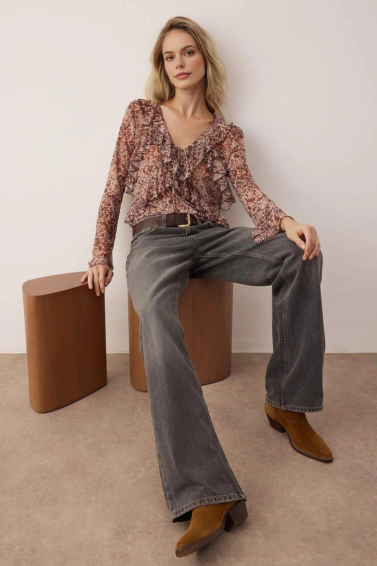 Animal Print Ruffled Tie Detail Long Sleeve Blouse by WOVCOR