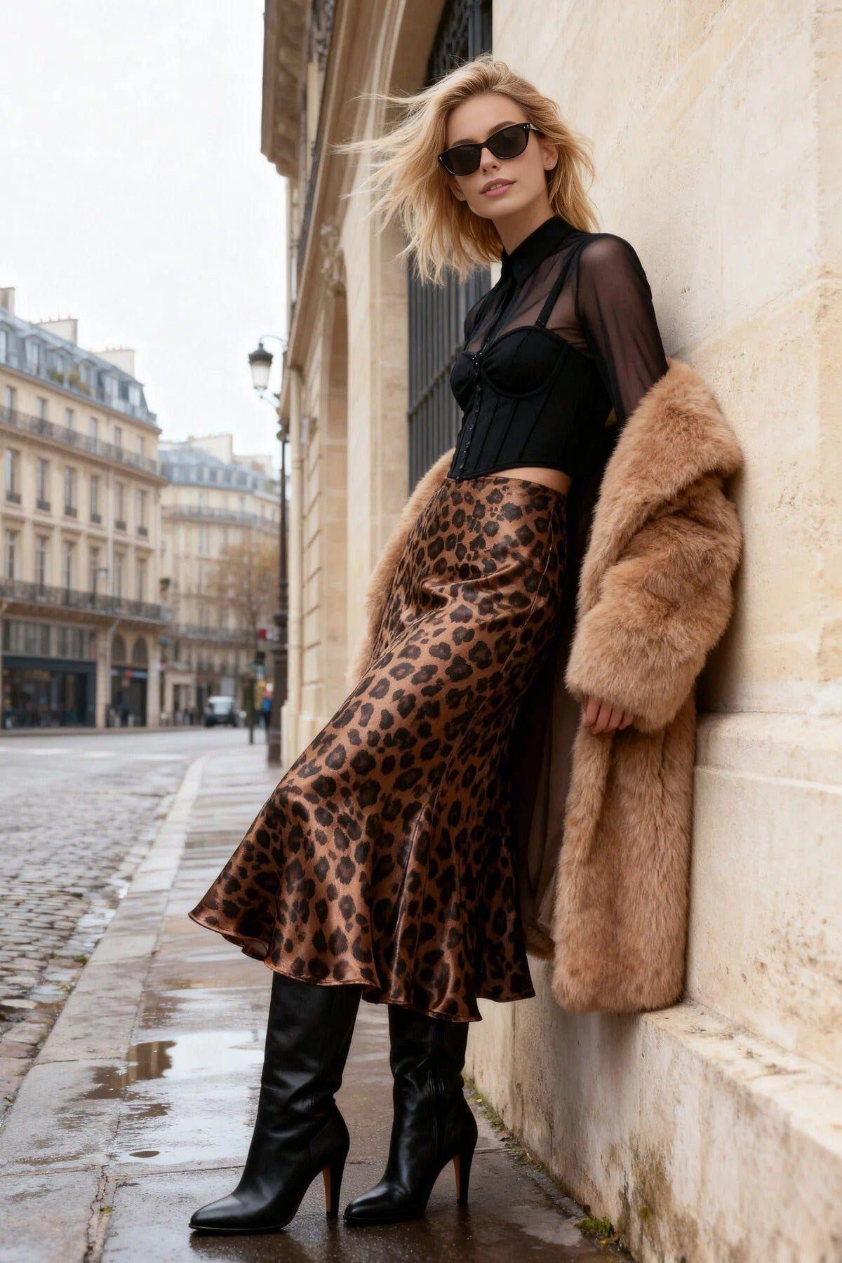 Animal Print Satin Midi Woven Skirt by WOVCOR