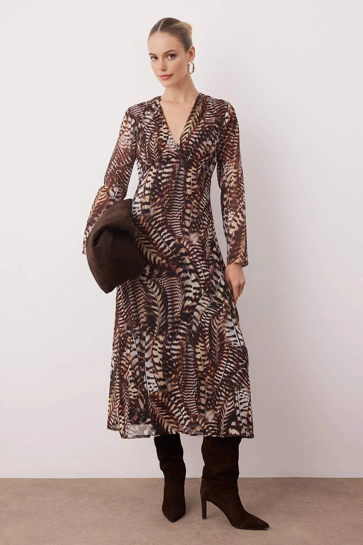 Animal Print V-Neck A-Line Maxi Woven Dress by WOVCOR