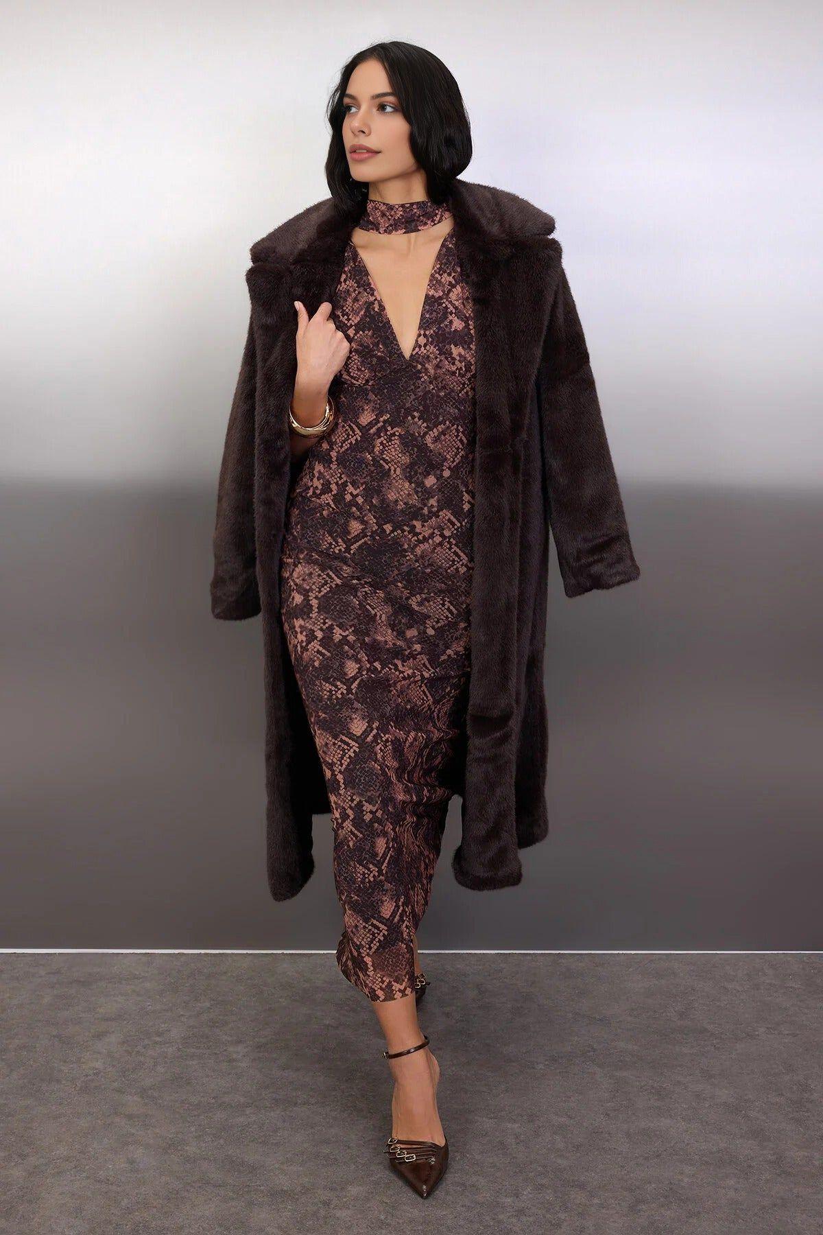 Animal Tulle Knit Maxi Evening Dress with Shawl Detail by WOVCOR