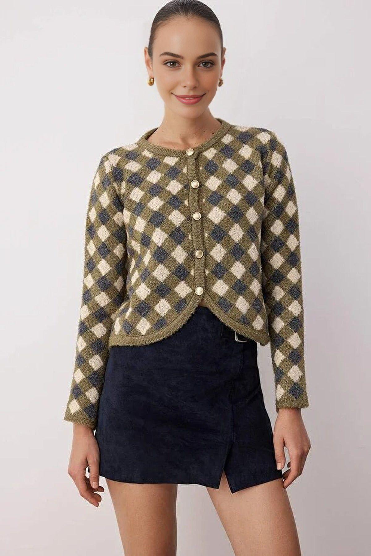 Argyle Crew Neck Button Front Crop Knit Cardigan by WOVCOR