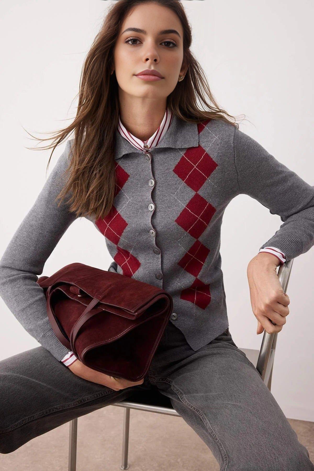 Argyle Knit Cardigan with Button Front Closure by WOVCOR