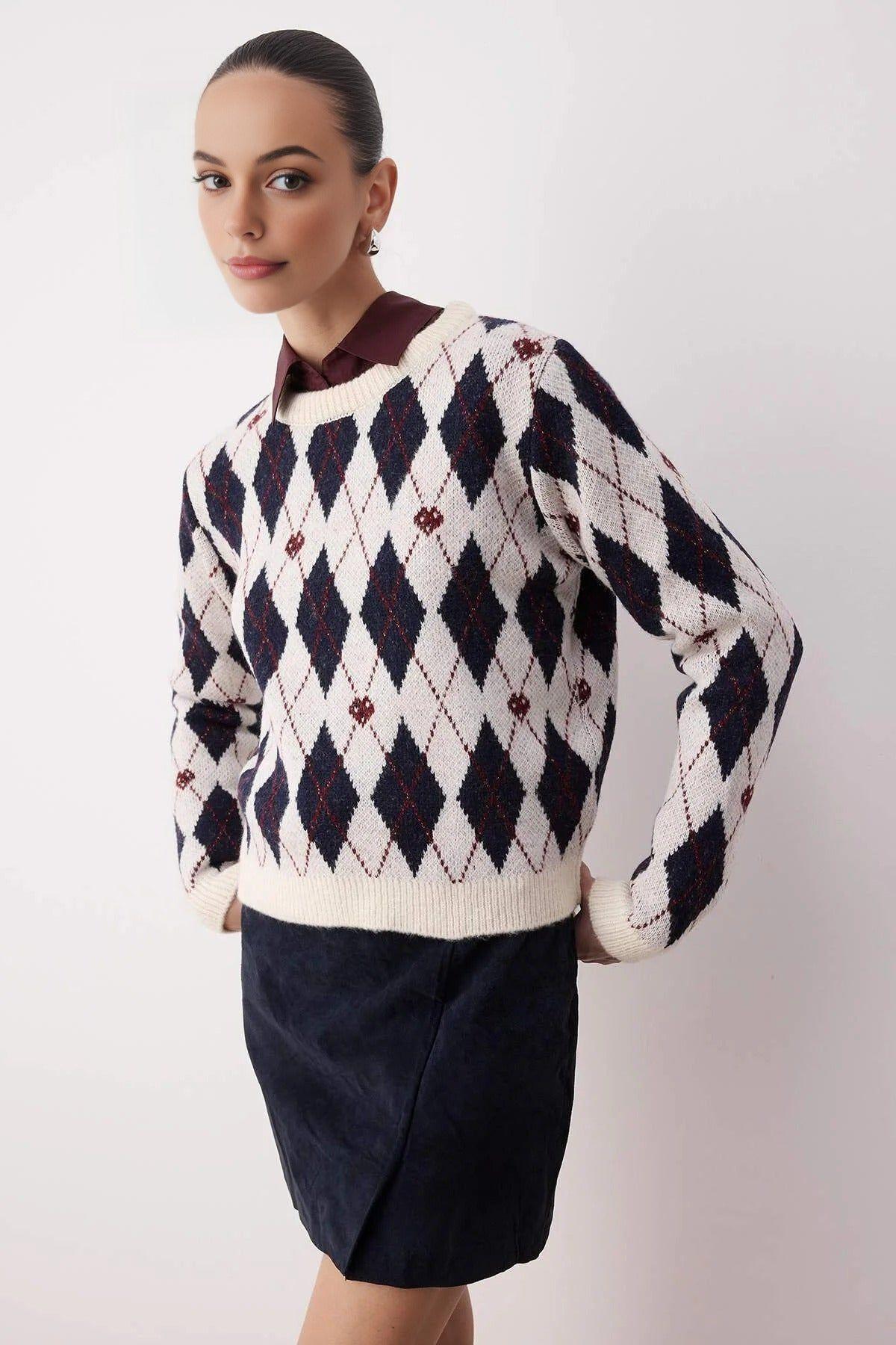 Argyle Pattern Glitter Knit Crew Neck Jumper by WOVCOR Argyle Pattern Glitter Knit Crew Neck Jumper by WOVCOR