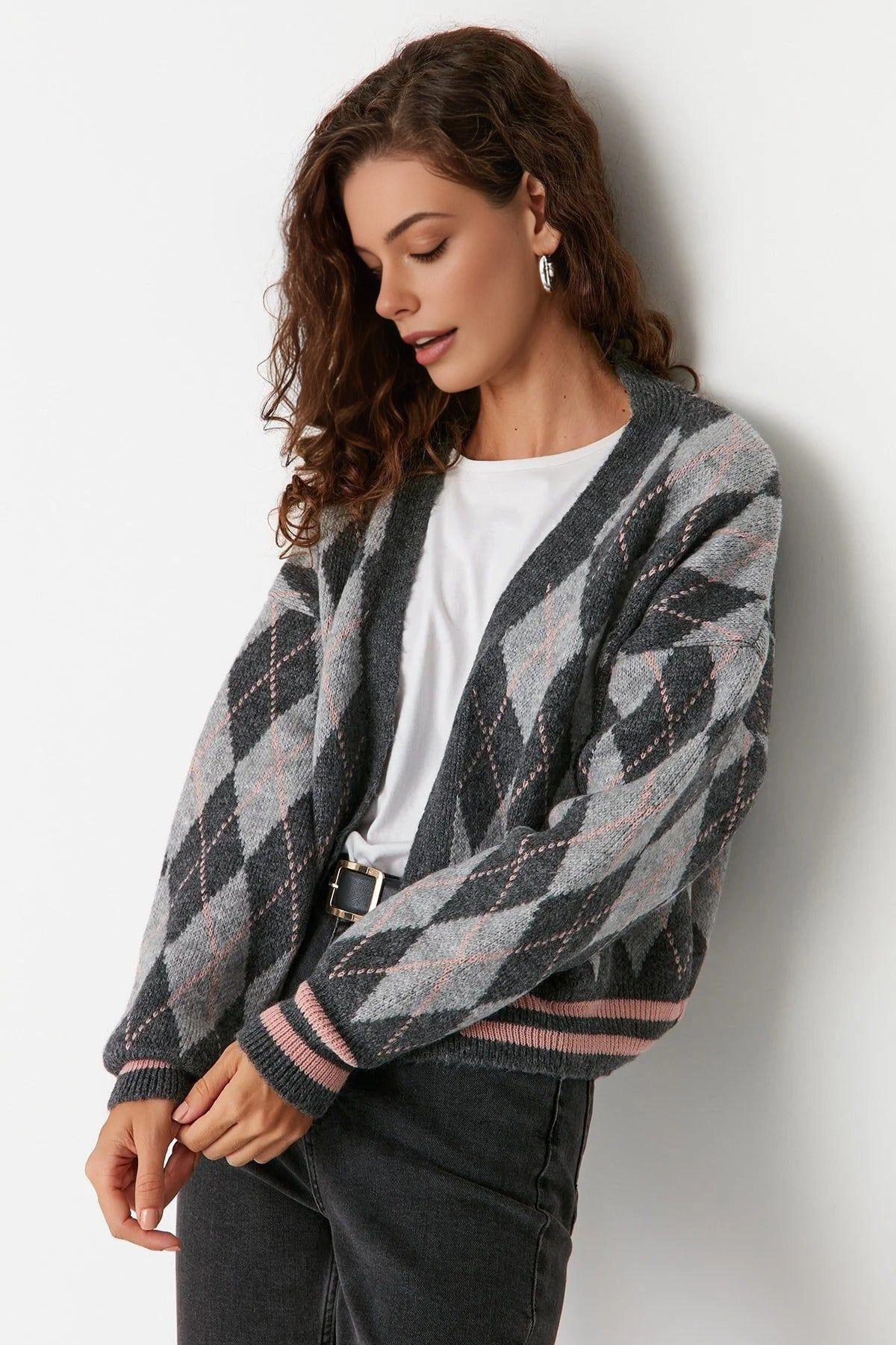 Argyle Pattern Open-Front Soft Knit Cardigan by WOVCOR