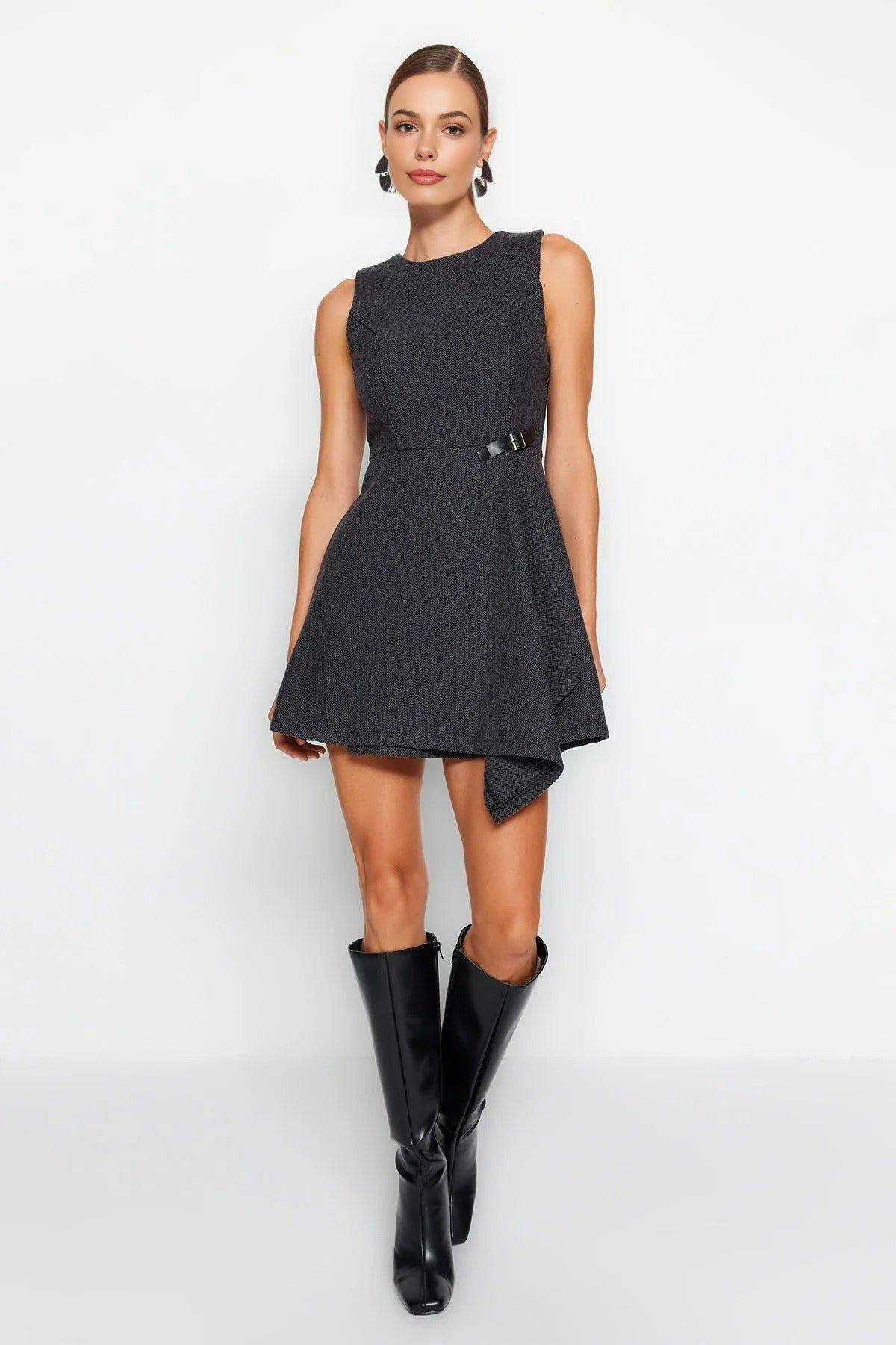 Asymmetric A-Line Sleeveless Mini Woven Dress with Side Buckle Detail by WOVCOR