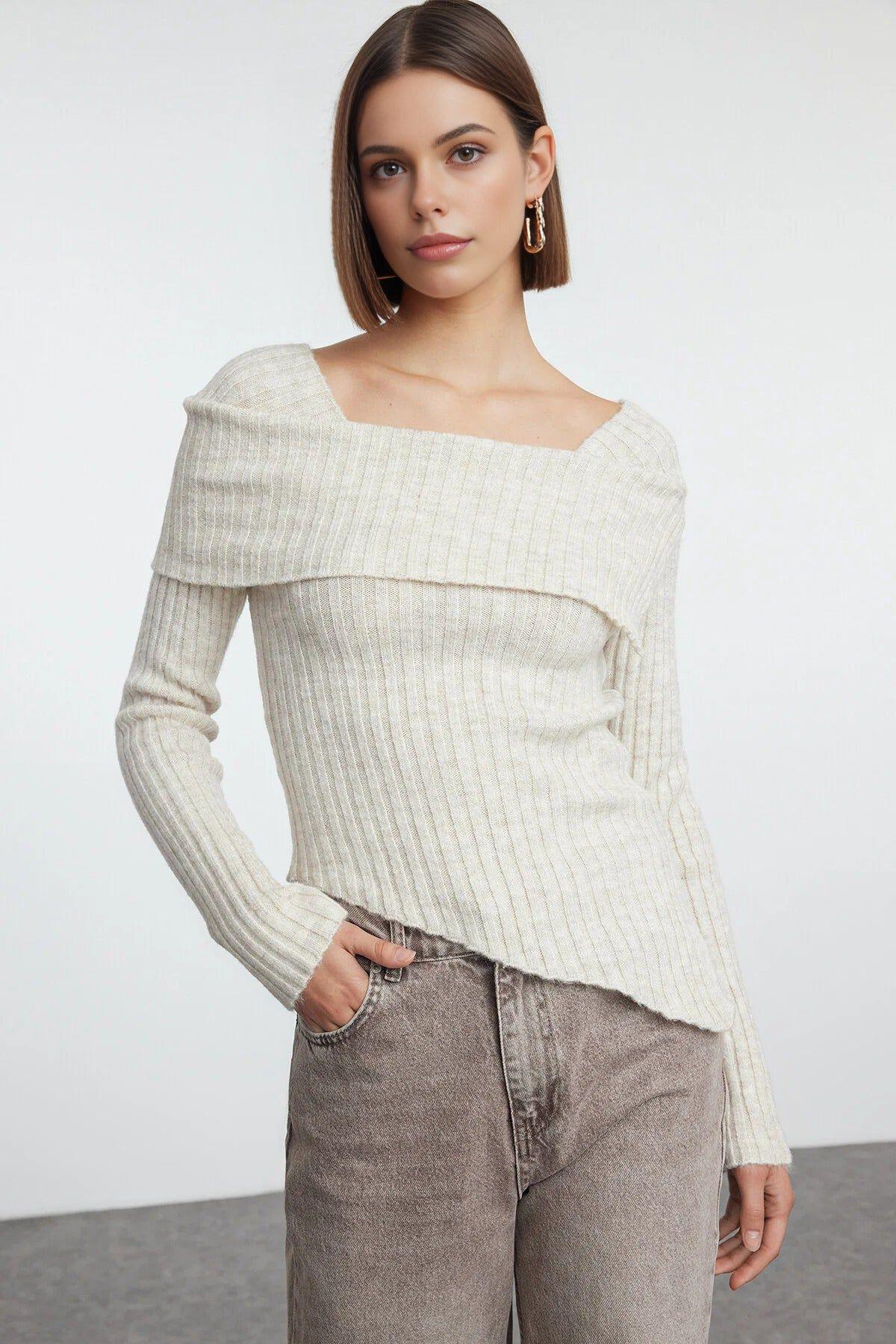 Asymmetric Hem Ribbed Knit Sweater with Foldover Neckline by WOVCOR