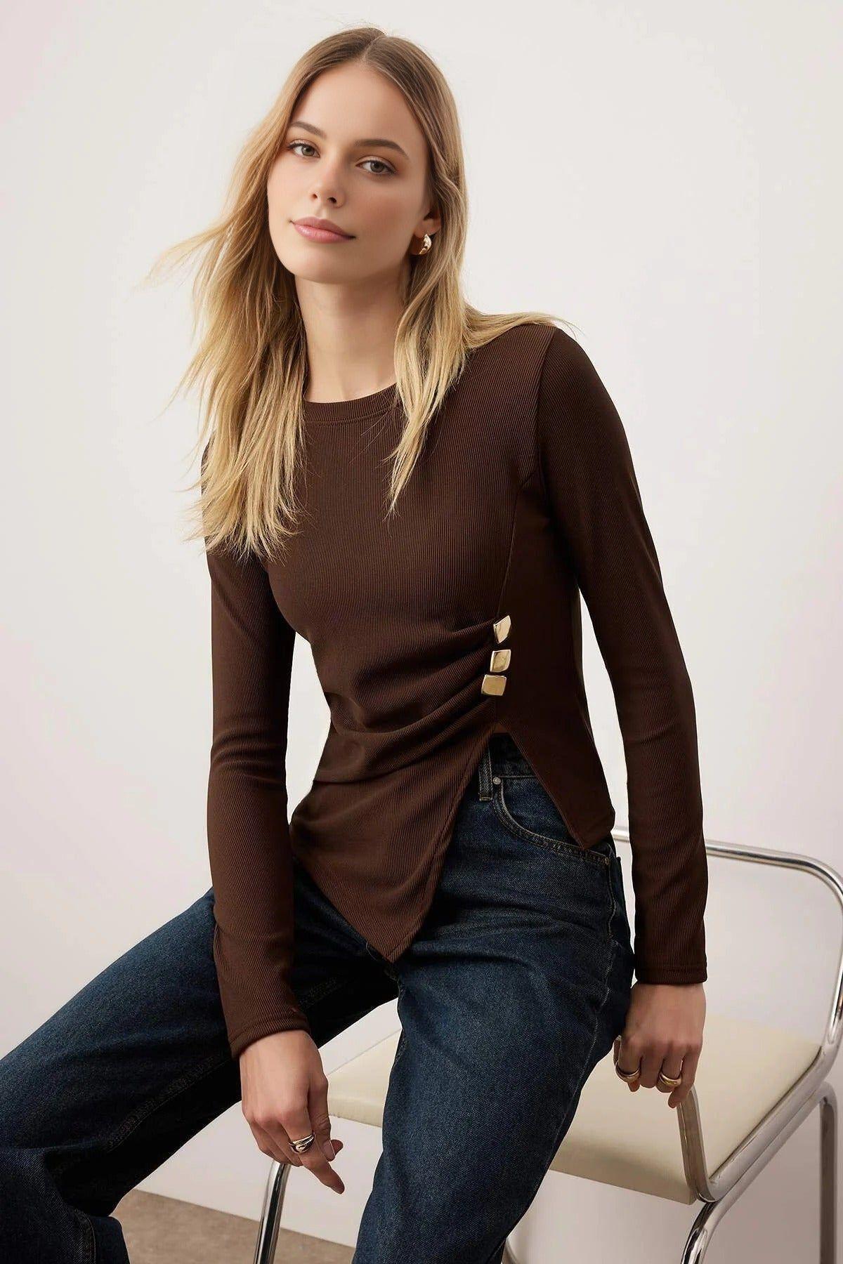 Asymmetric Knit Blouse With Gold Button Detail by WOVCOR