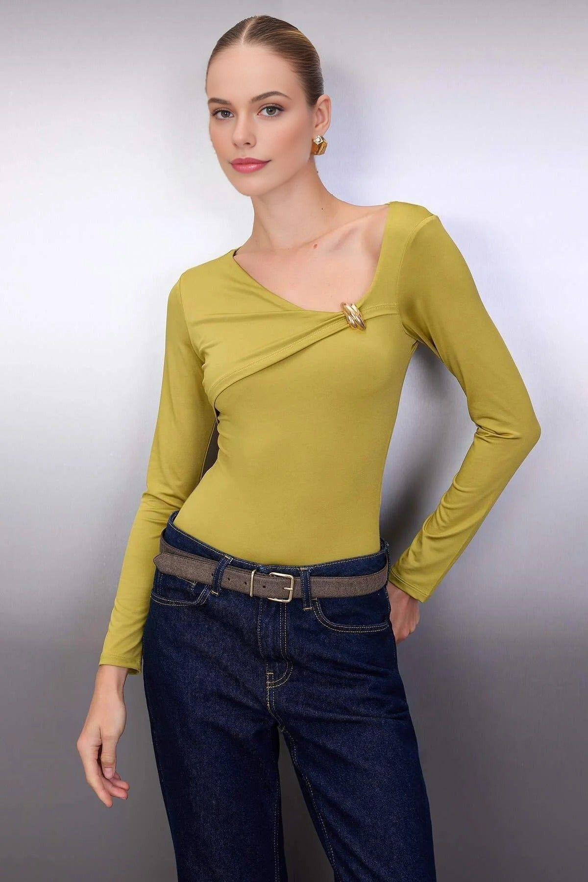 Asymmetric Long Sleeve Bodysuit with Metal Ring Detail by WOVCOR