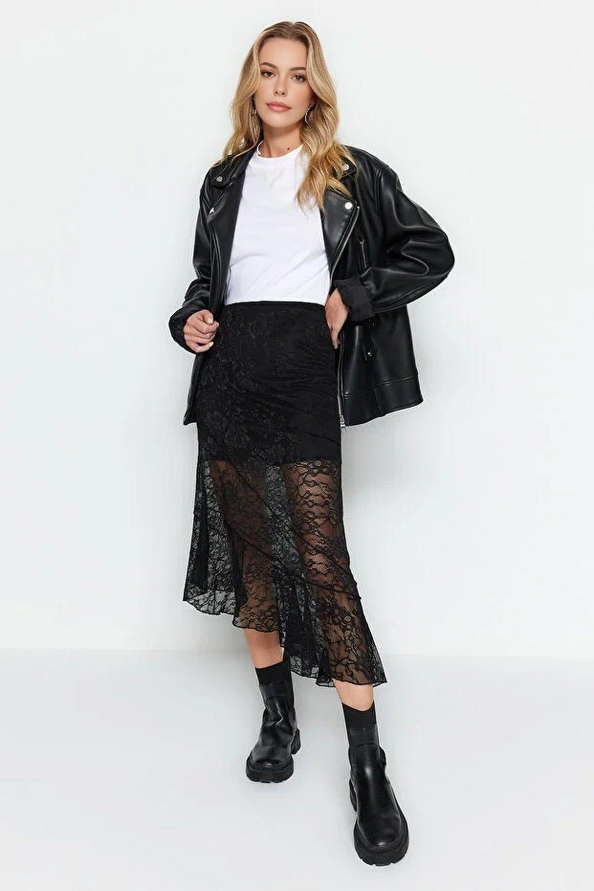 Asymmetric Midi Lace Knit Skirt with Lined Design and Fluid Hem by WOVCOR