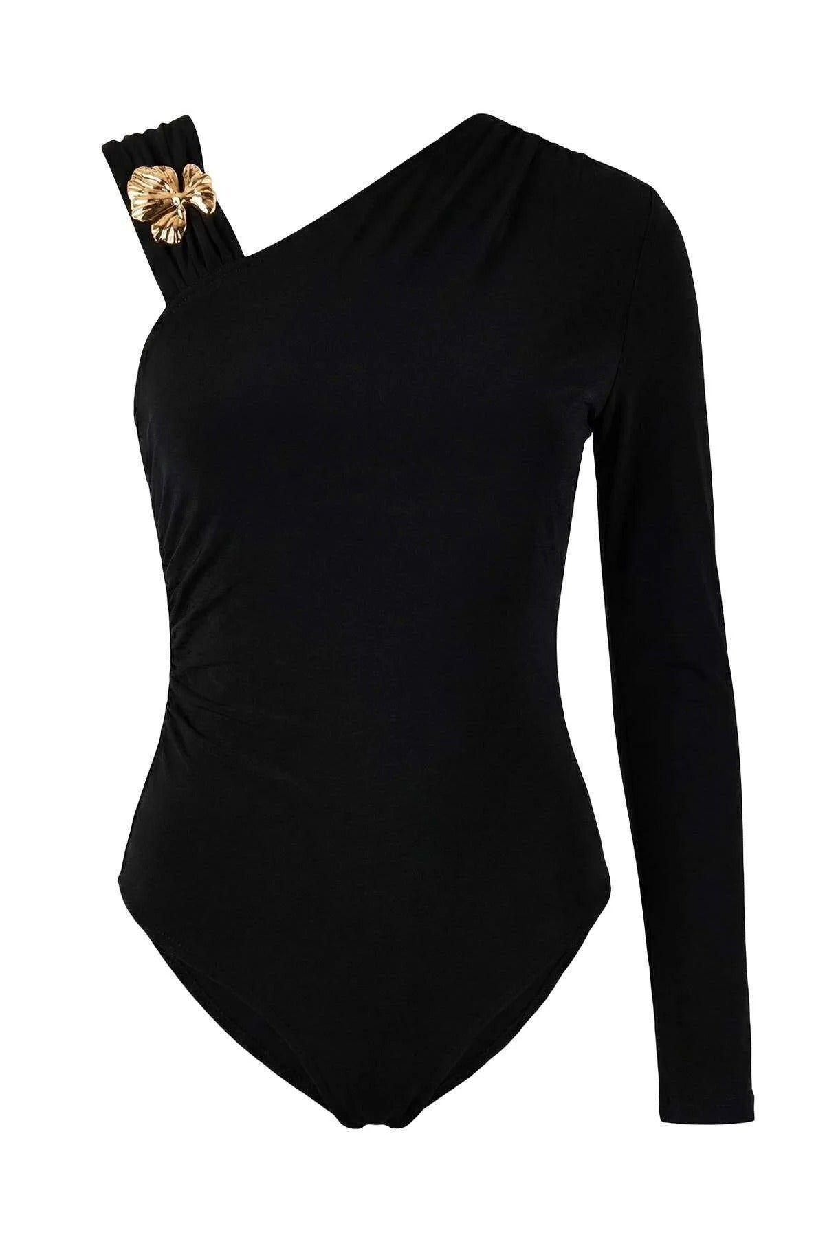 Asymmetric Neck Accessory Detail Knit Bodysuit by WOVCOR