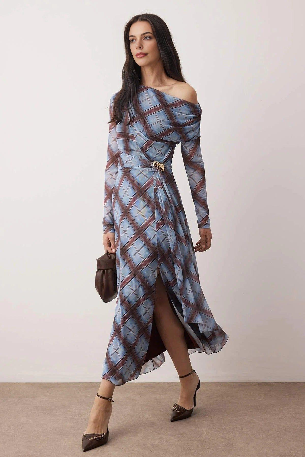 Asymmetric Neck Accessory Detail Slit Maxi Lined Dress by WOVCOR