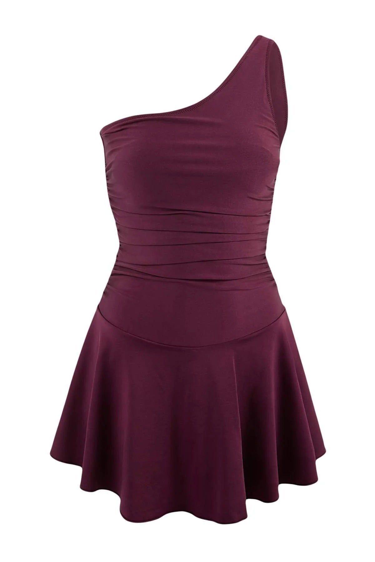 Asymmetric One Shoulder Ruched Swimsuit with Skort Detail by WOVCOR
