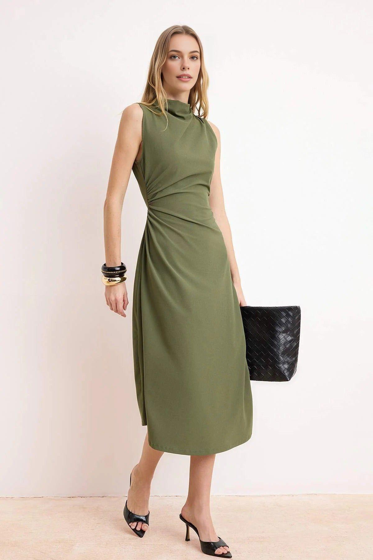 Asymmetric Ruched Sleeveless Midi Dress with Draped Waist by WOVCOR