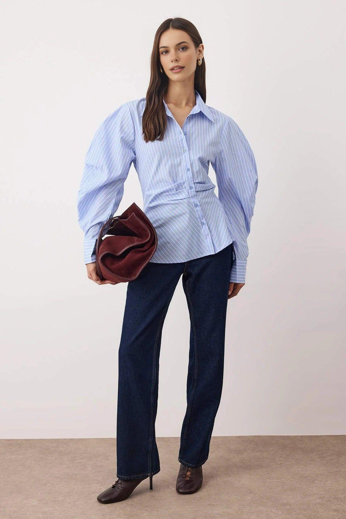 Asymmetrical Shirt with Balloon Sleeve Detail by WOVCOR