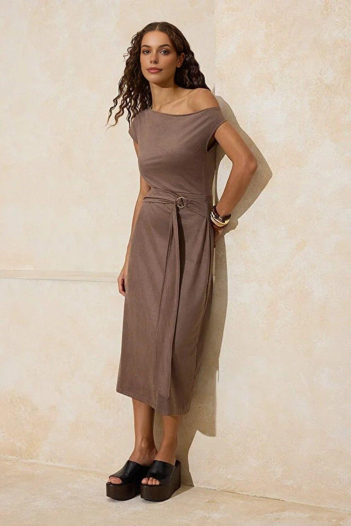 Belted Asymmetric Neck Cap Sleeve Suede A-Line Midi Dress by WOVCOR