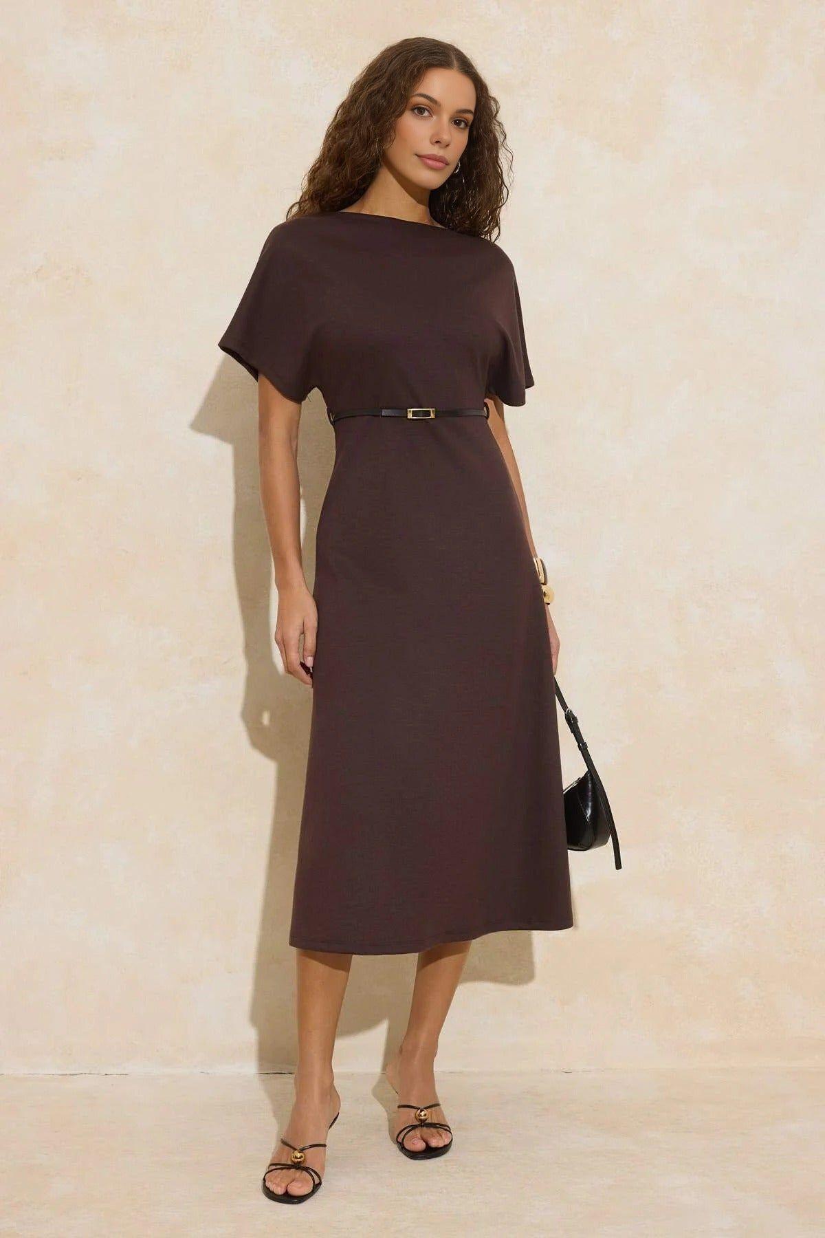 Belted Batwing Sleeve Boat Neck Midi Dress by WOVCOR