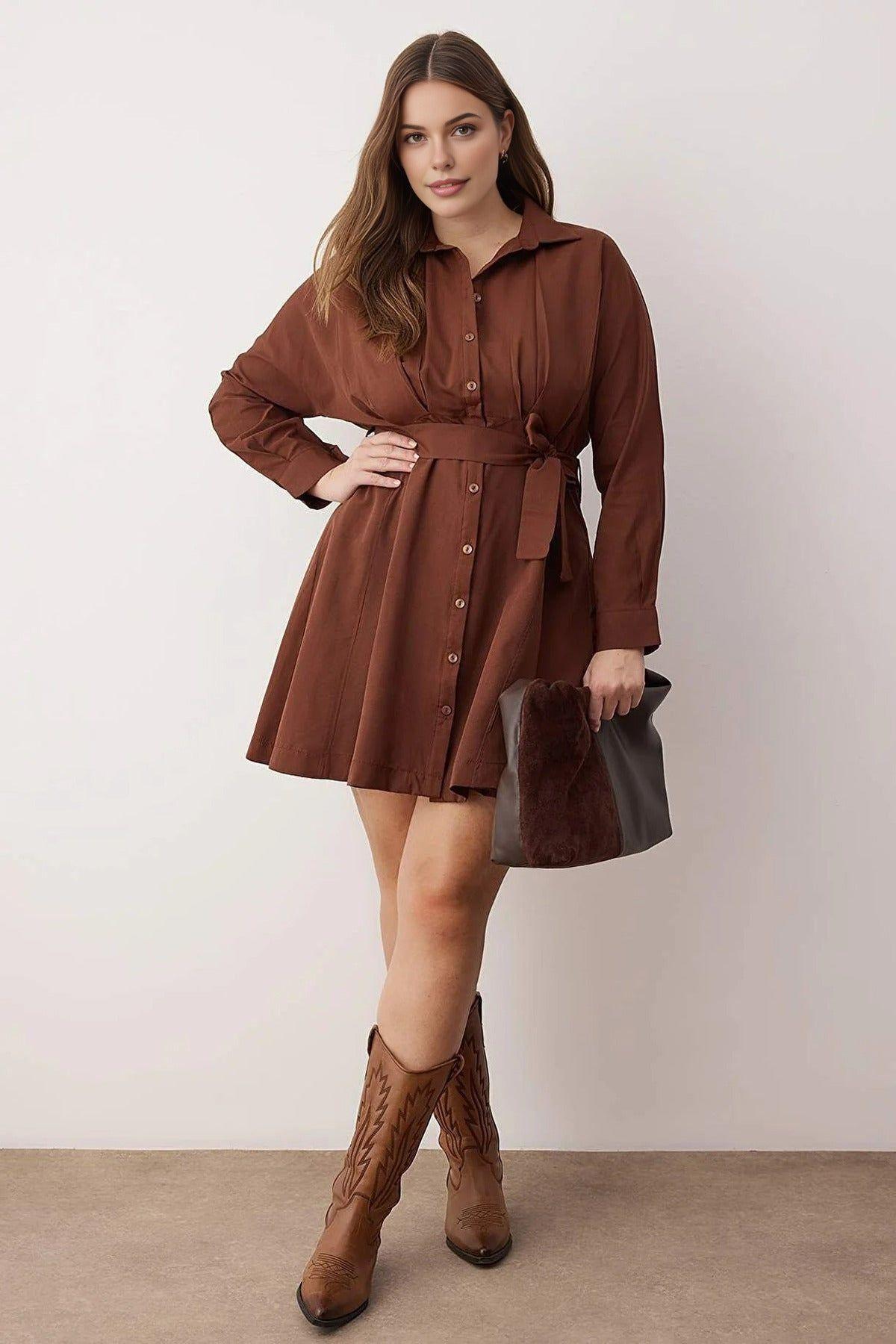 Belted Button Front Shirt Mini Dress with Long Sleeves by WOVCOR