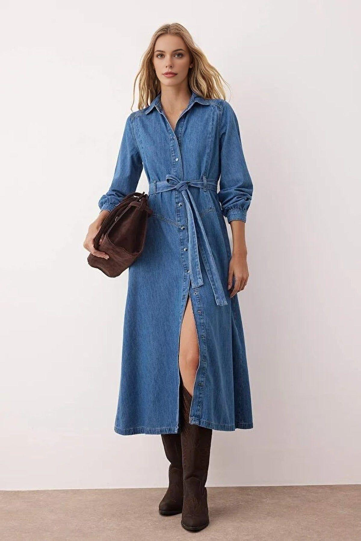 Belted Button-Through Maxi Denim Shirt Dress by WOVCOR