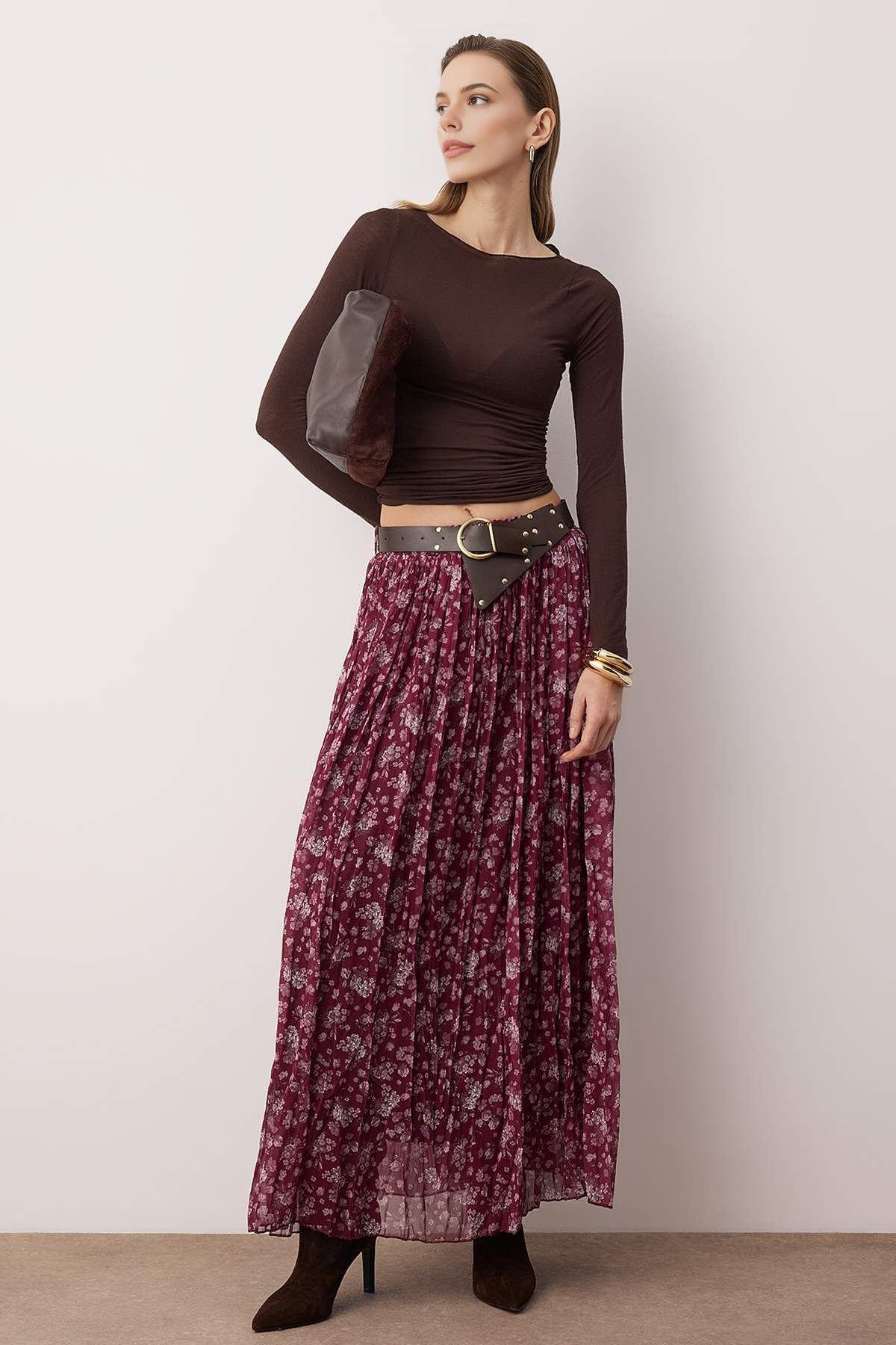 Belted Floral Chiffon Maxi Skirt with Crinkle Texture by WOVCOR