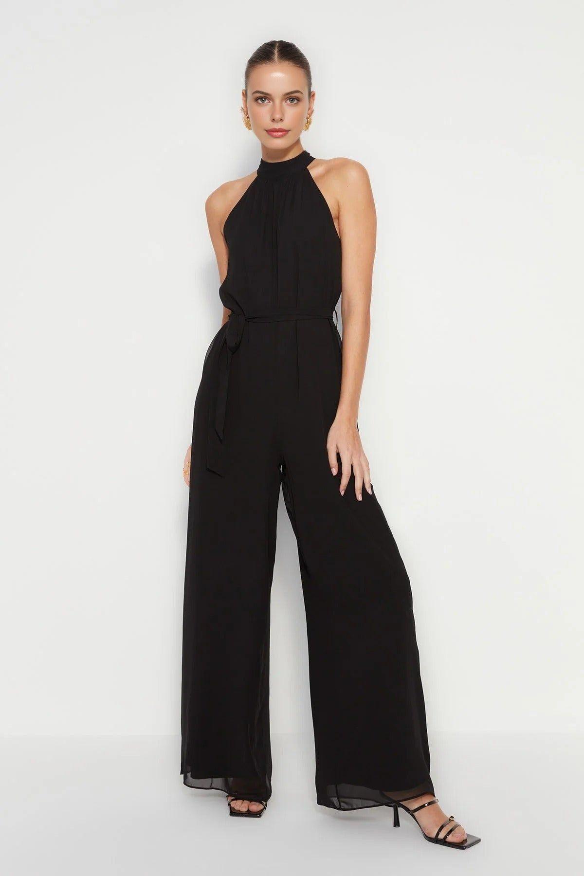 Belted Halterneck Maxi Chiffon Lined Woven Jumpsuit by WOVCOR