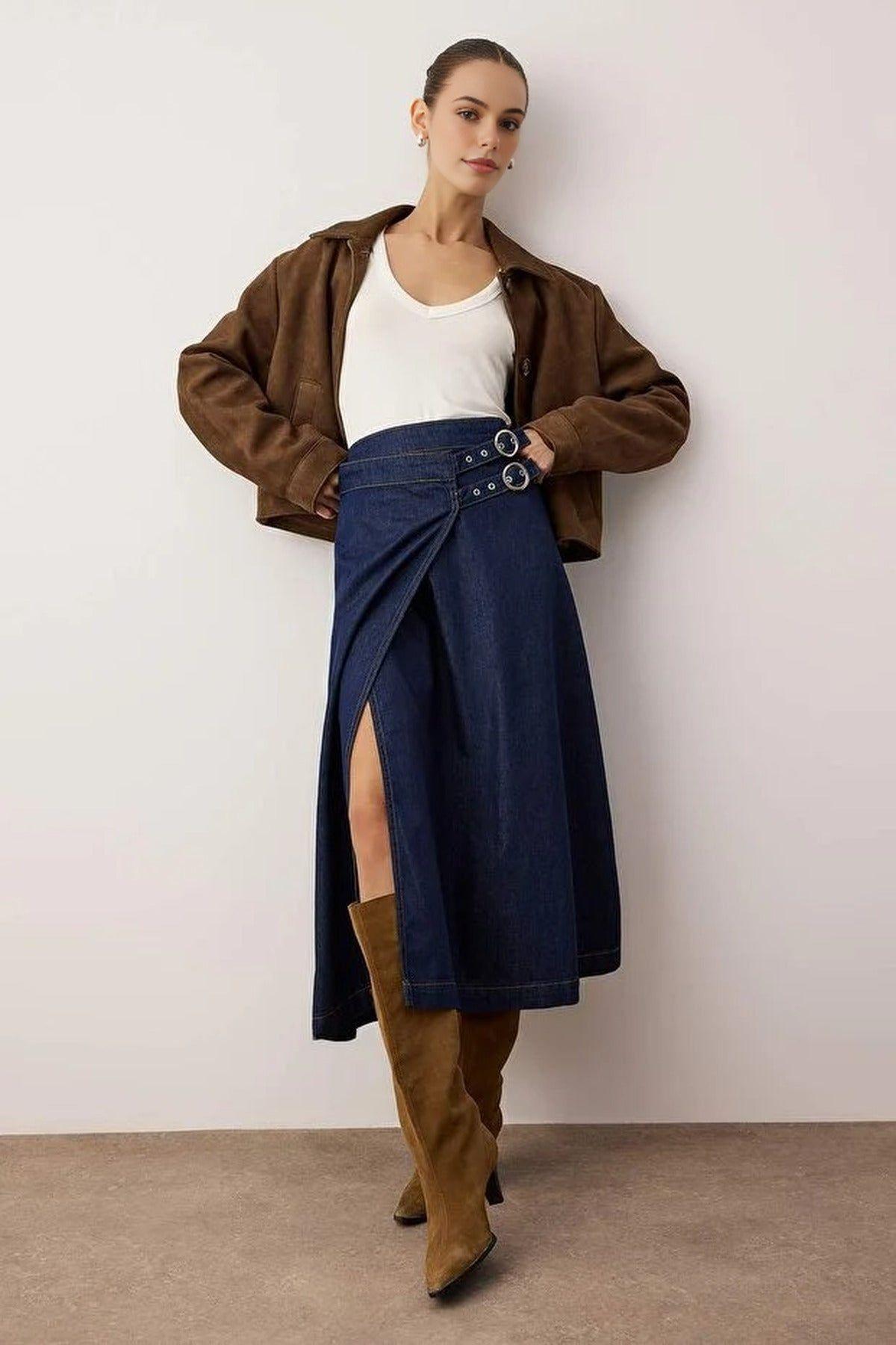 Belted Midi Denim Skirt by WOVCOR