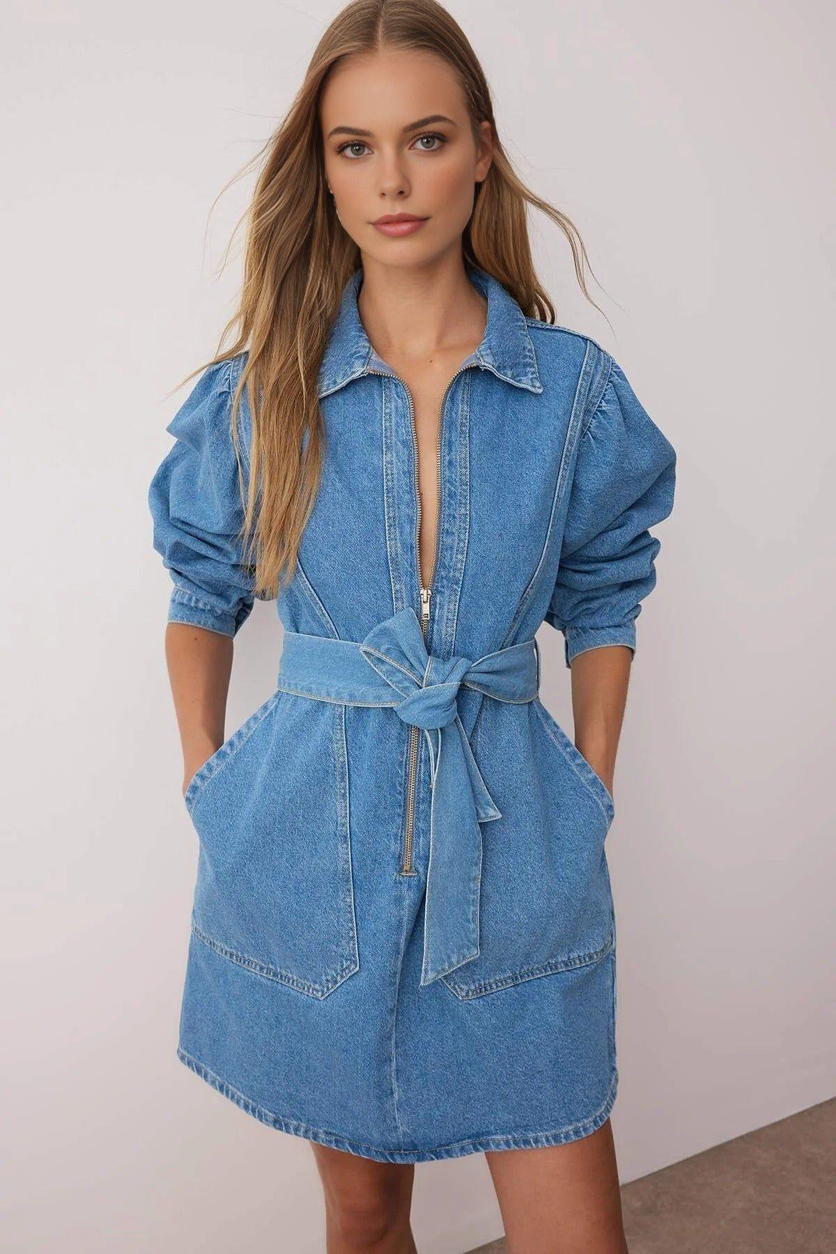 Belted Mini Denim Dress with Zip Front and Pocket Detail by WOVCOR