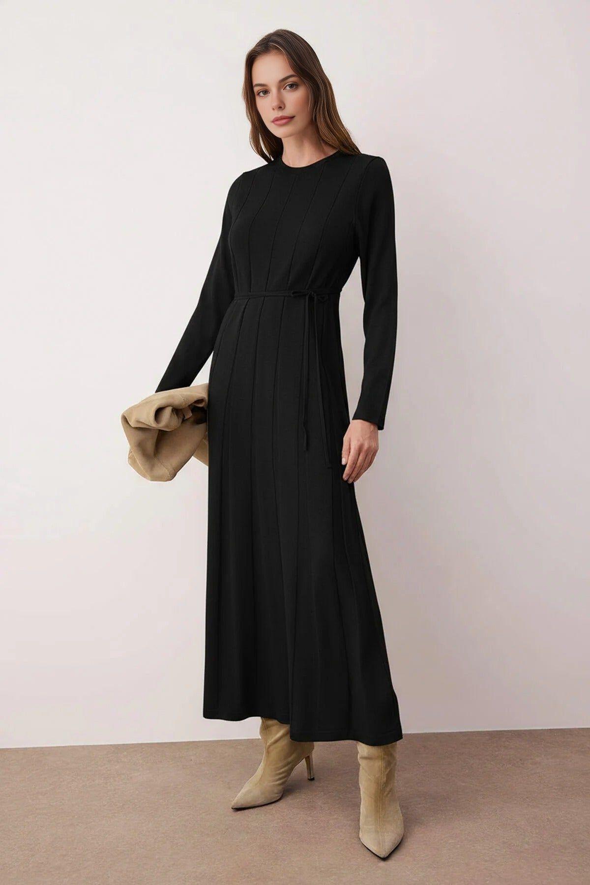 Belted Pleated Long Sleeve Knit Midi Dress by WOVCOR