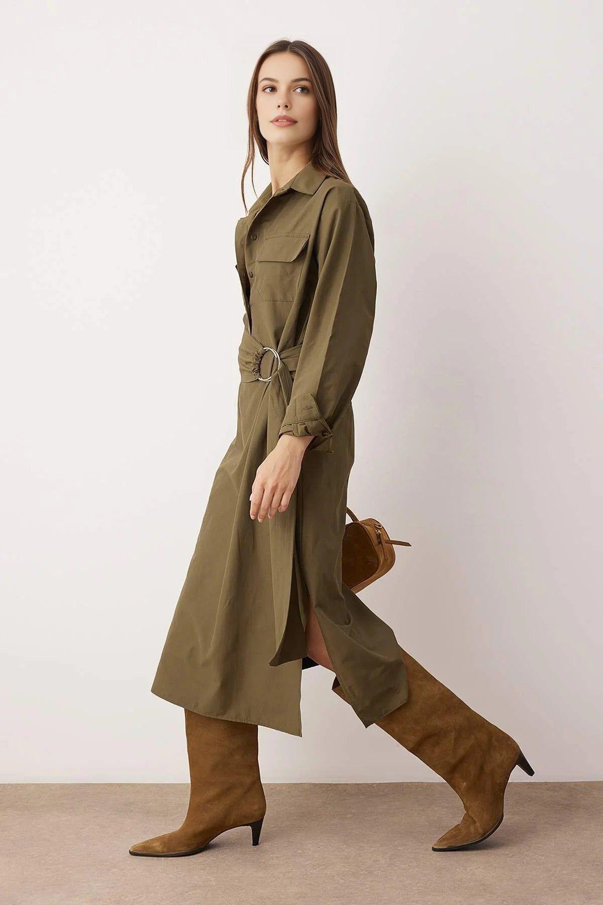 Belted Ring Detail Shirt Midi Dress by WOVCOR