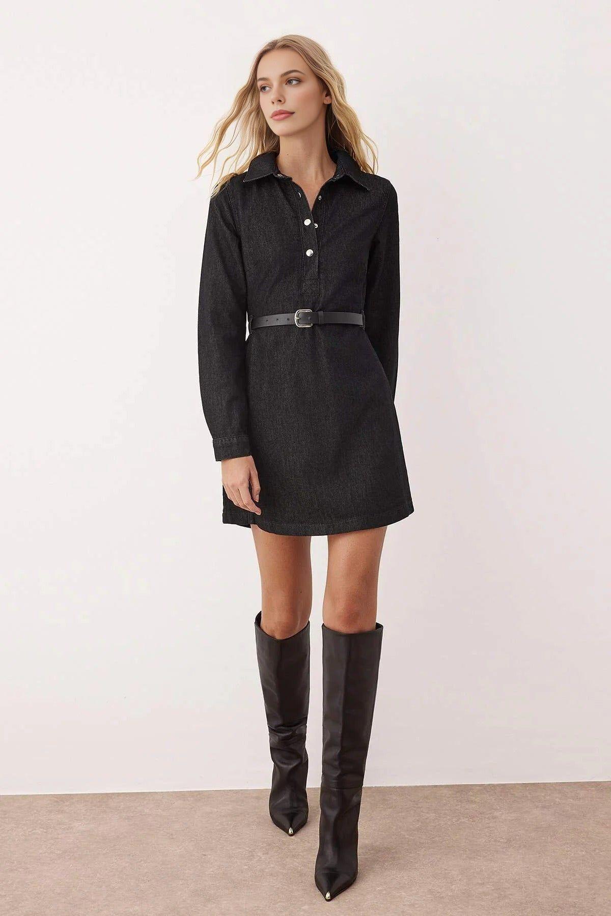 Belted Shirt Collar Long Sleeve Mini Denim Dress by WOVCOR