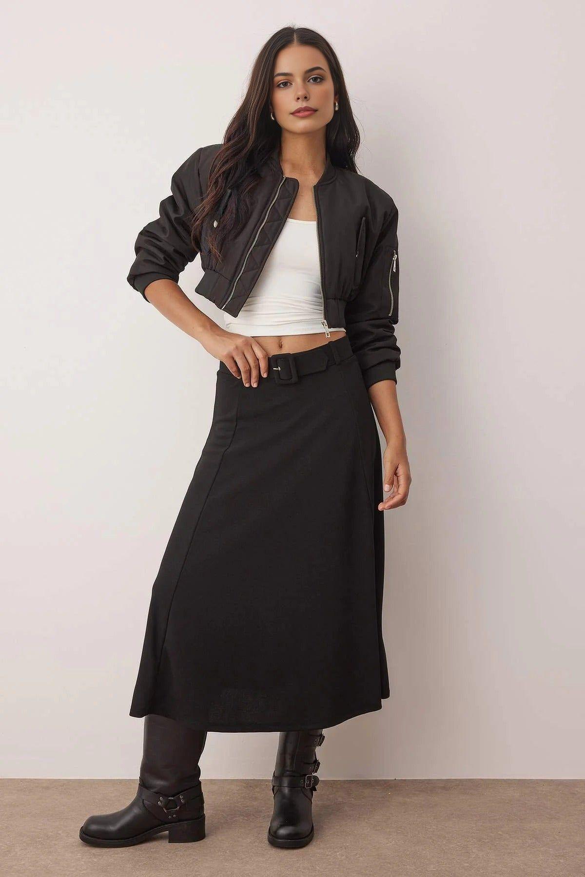 Belted Skater Maxi Knit Skirt by WOVCOR