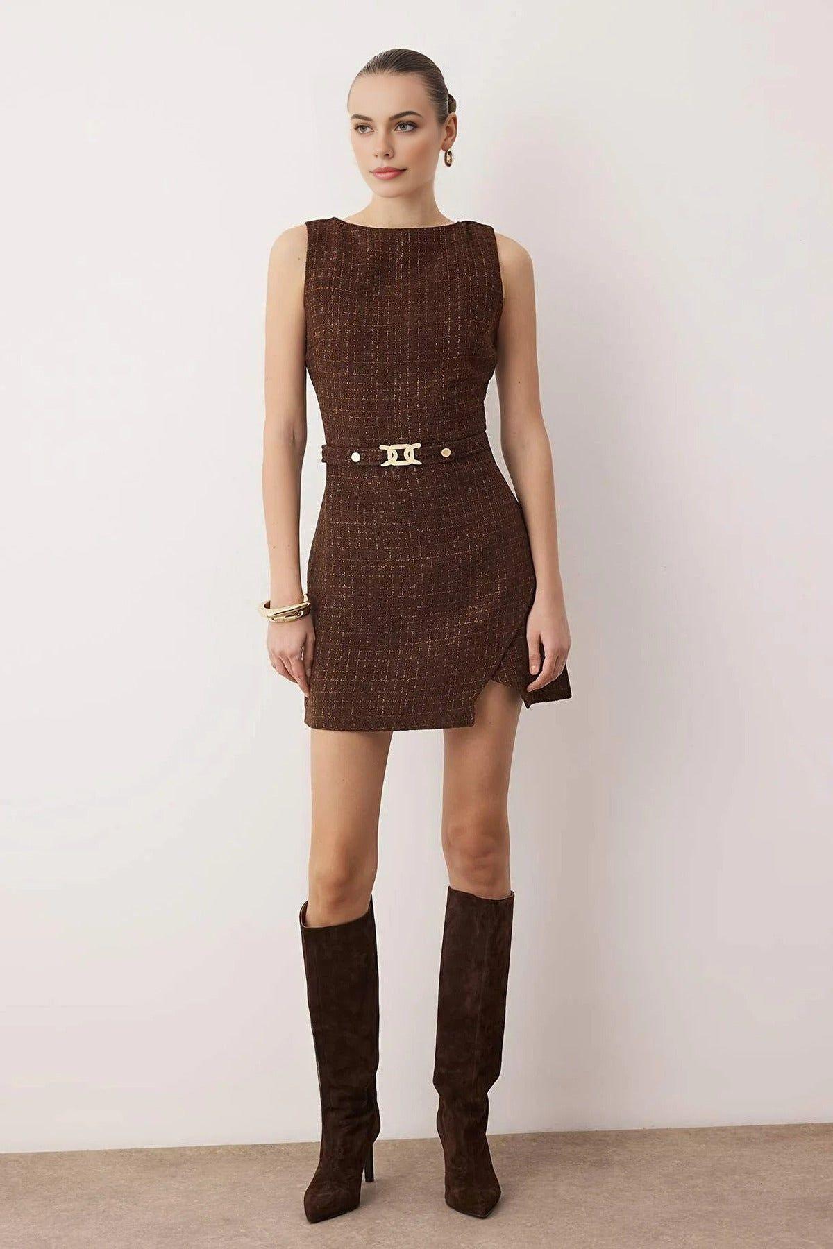 Belted Textured Mini Dress with Asymmetric Hem Detail by WOVCOR