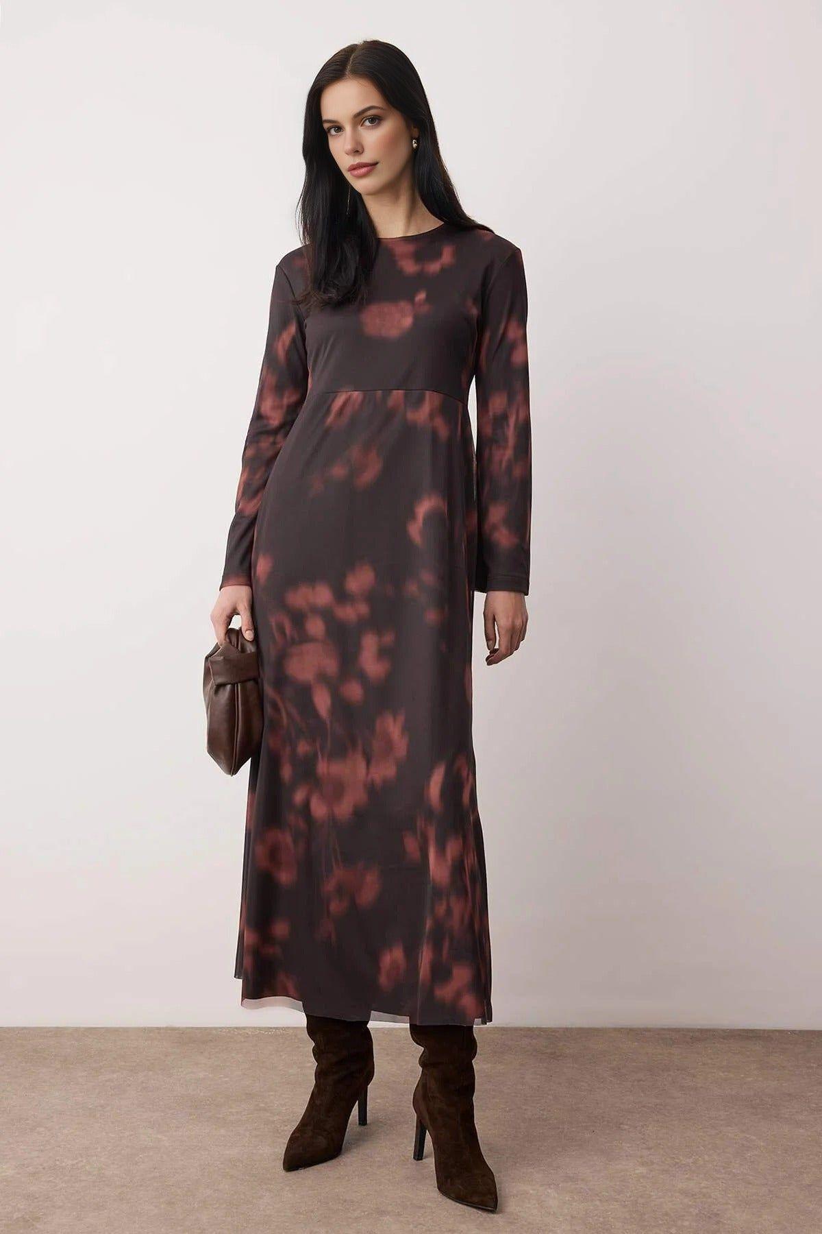 Blurred Floral Print Long Sleeve Round Neck Maxi Dress by WOVCOR