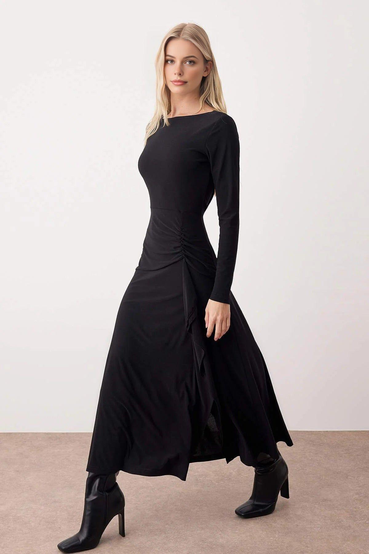 Boat Neck Long Sleeve Maxi Knit Dress with Ruffle Detail by WOVCOR