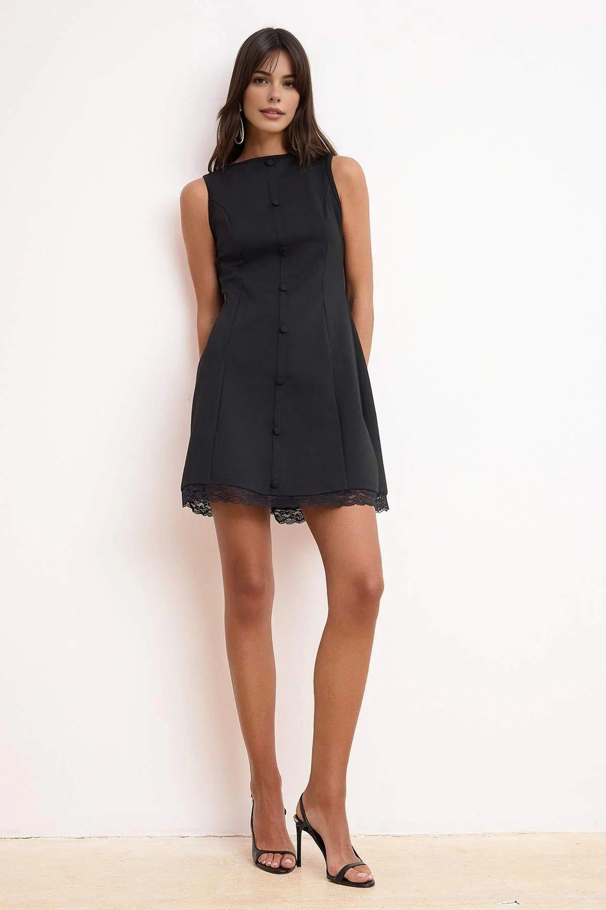 Boat Neck Sleeveless Mini A-Line Dress with Lace Hem by WOVCOR