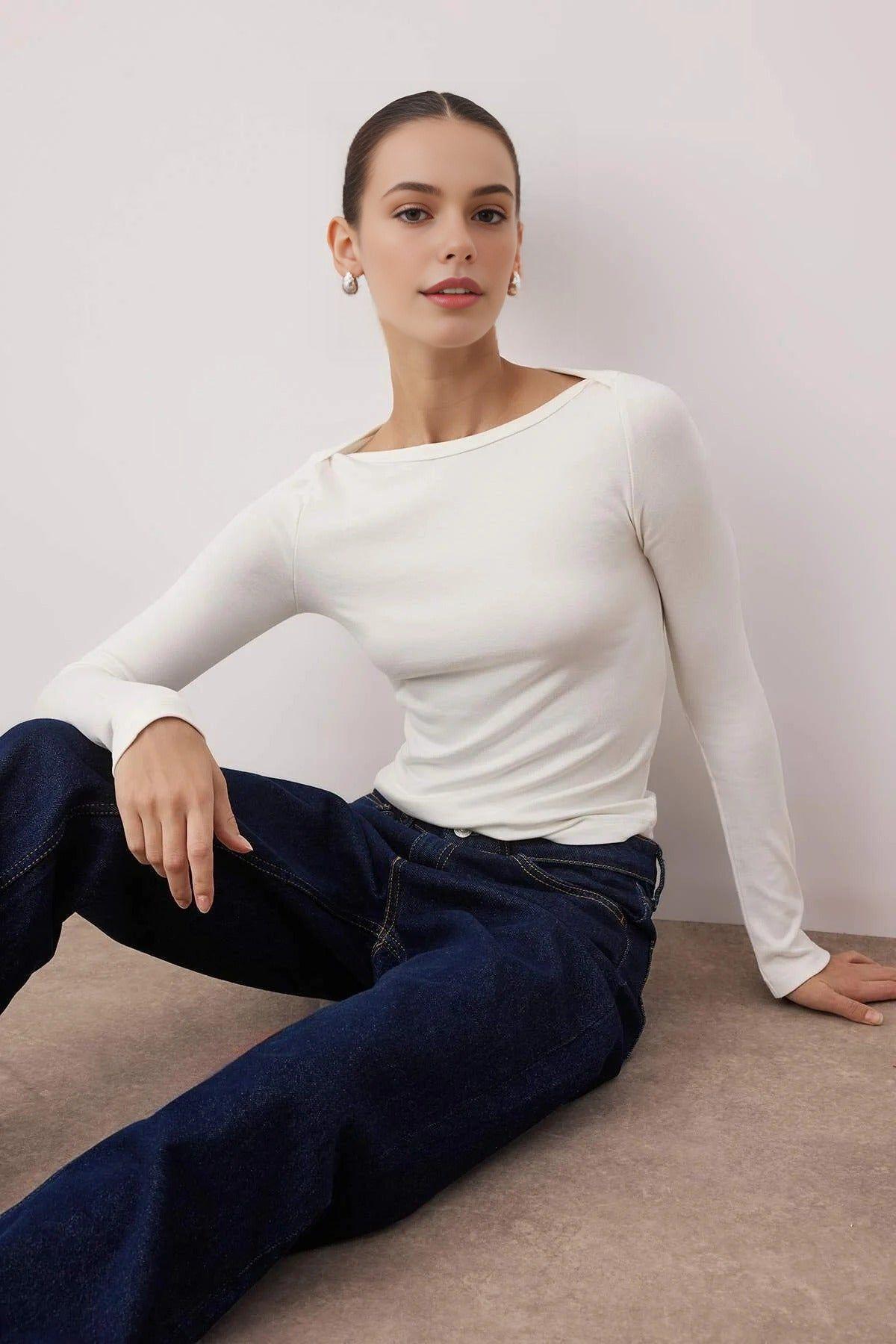 Boat Neck Stretch Knit Long Sleeve Blouse by WOVCOR