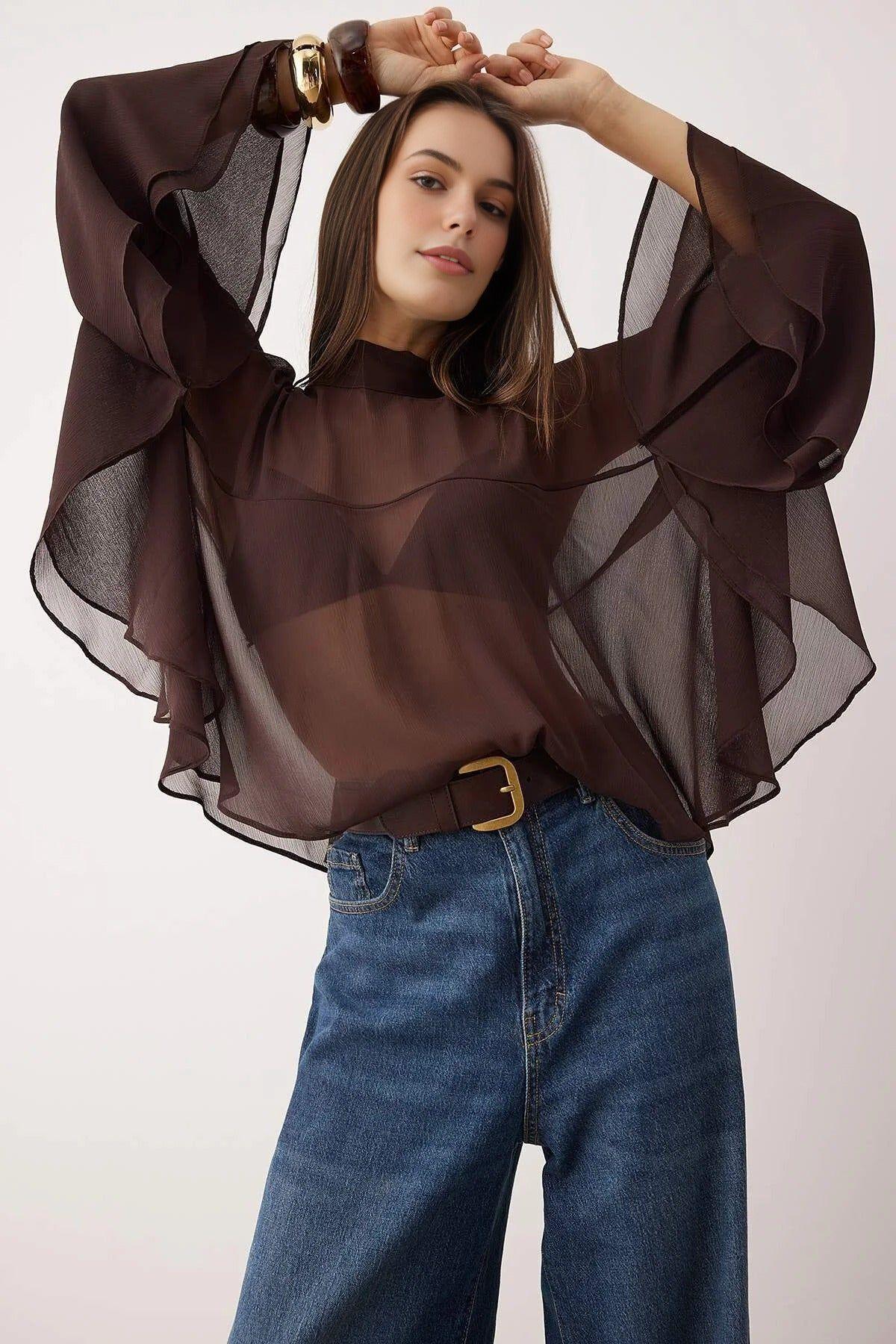 Boho Ruffle Detail Unlined Woven Blouse by WOVCOR