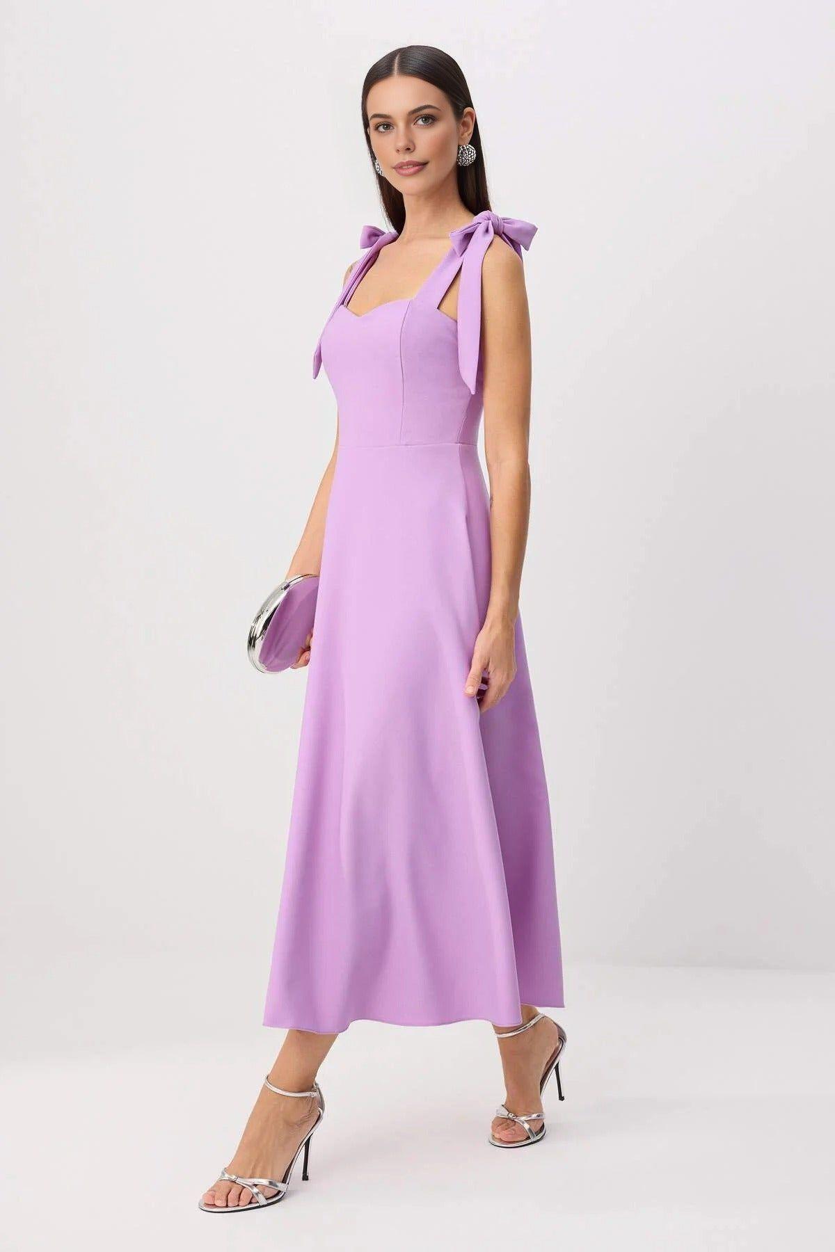 Bow Strap Sweetheart Neck Midi Dress by WOVCOR