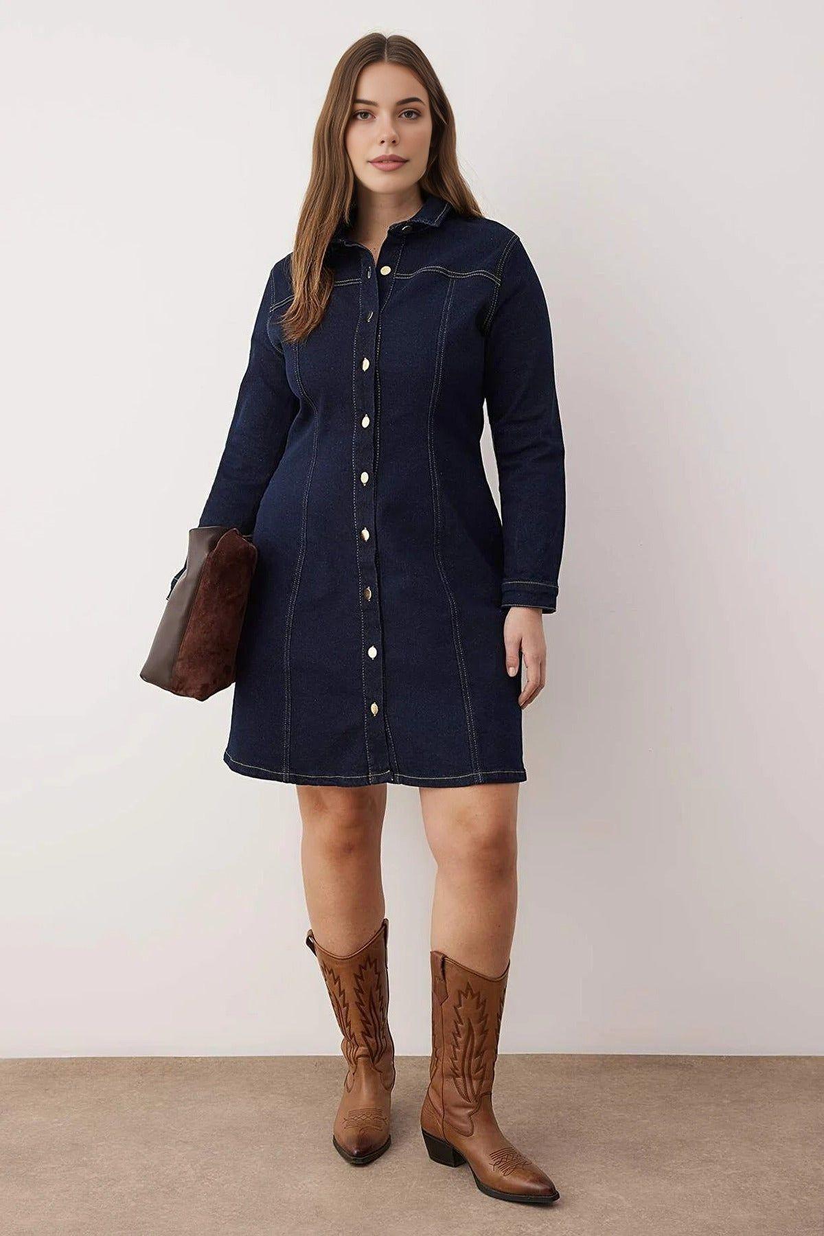 Button Front Denim Shirt Collar Mini Dress by WOVCOR
