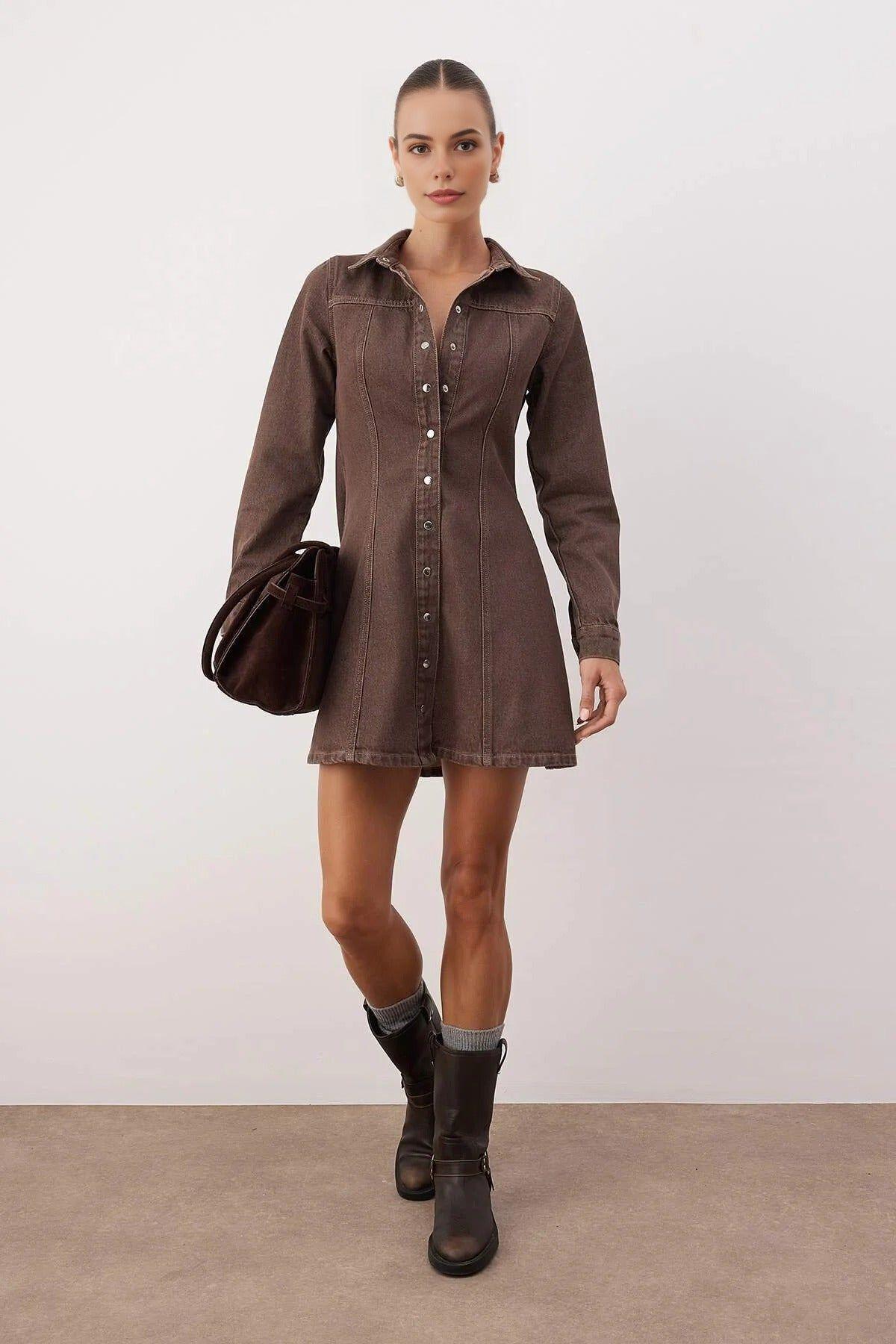 Button Front Mini Denim Shirt Dress by WOVCOR