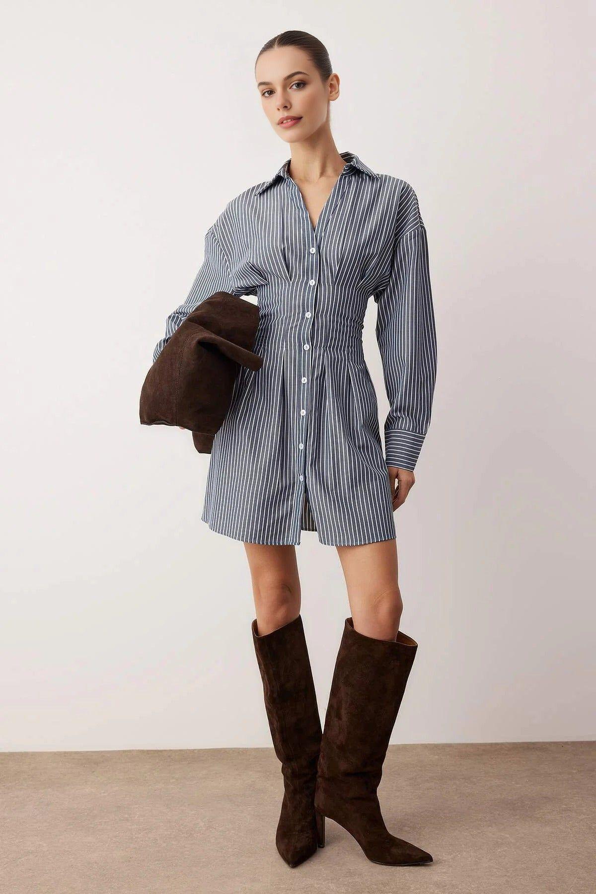 Button Front Mini Woven Shirt Dress with Defined Waist by WOVCOR