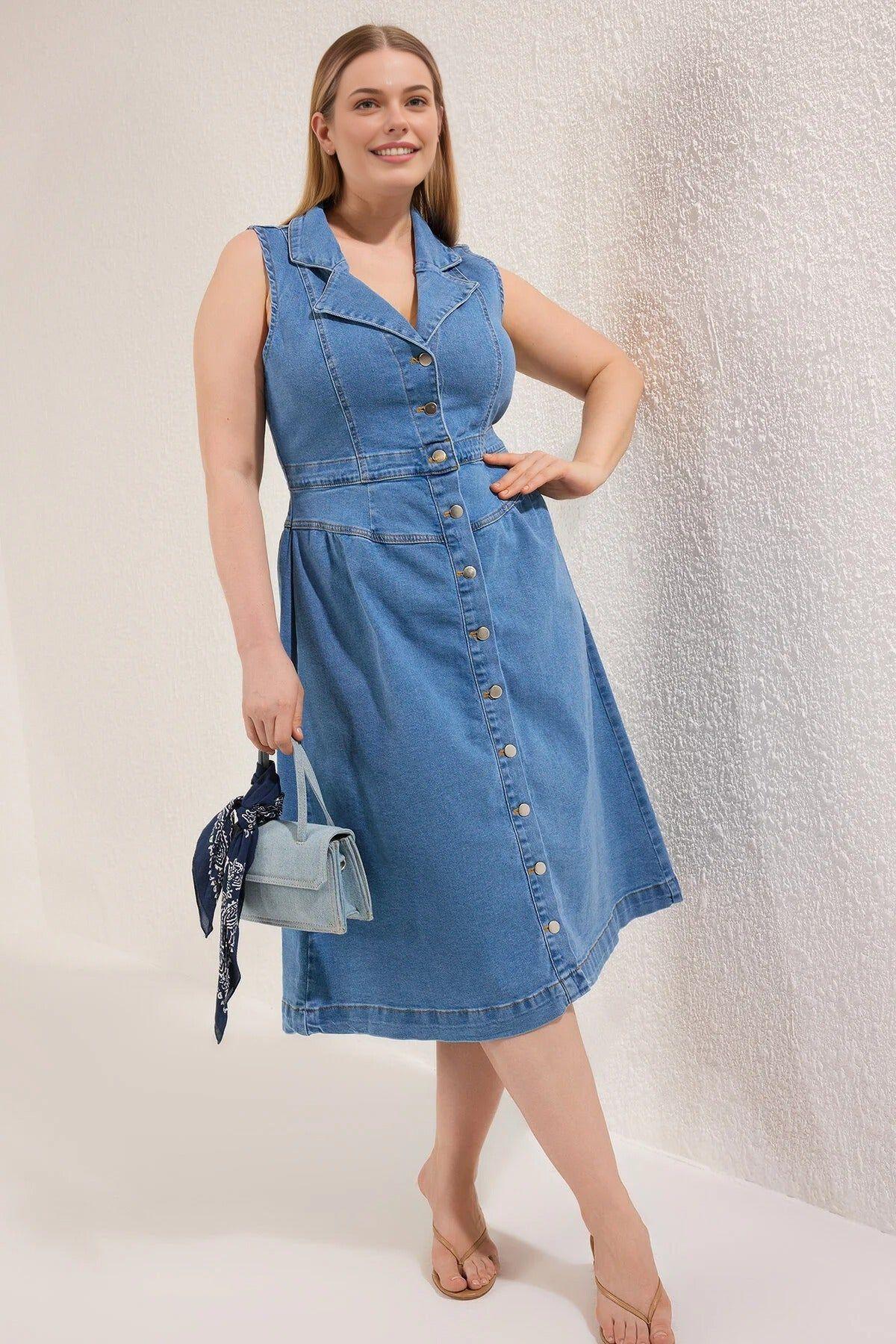 Button Front V Neck Denim Midi Dress with Seam Detail by WOVCOR