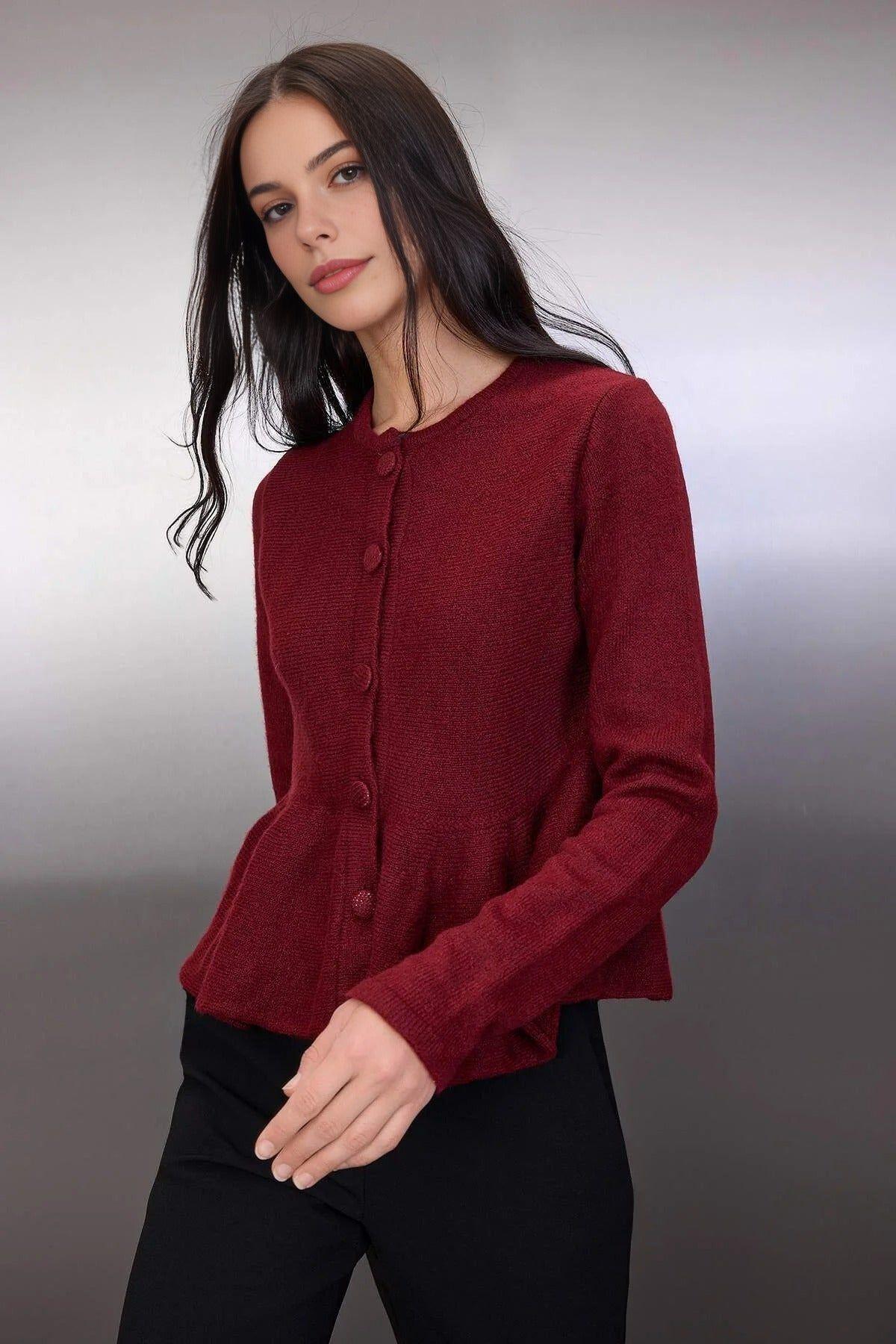 Button Through Peplum Hem Long Sleeve Knit Cardigan by WOVCOR