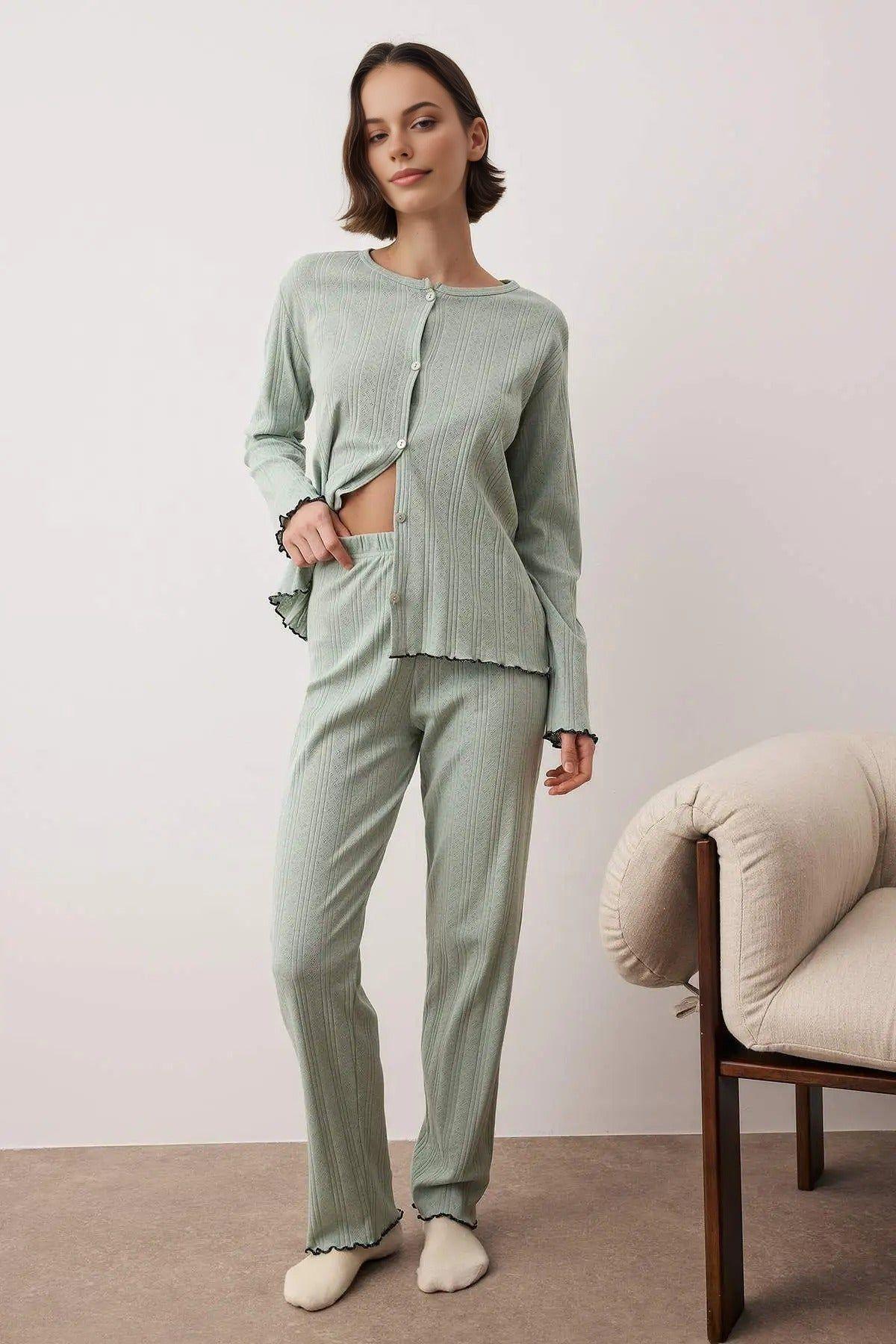 Button Through Pointelle Ribbed Long Sleeve Knit Pyjama Set by WOVCOR