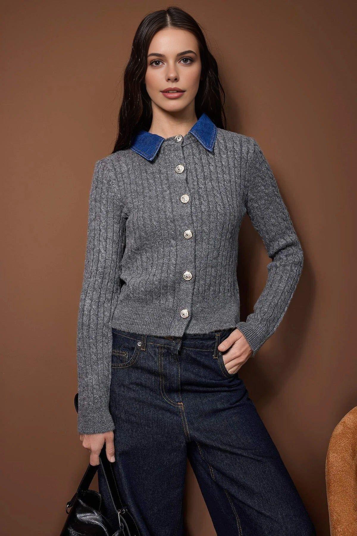 Cable Knit Button Front Cardigan with Denim Collar Detail by WOVCOR