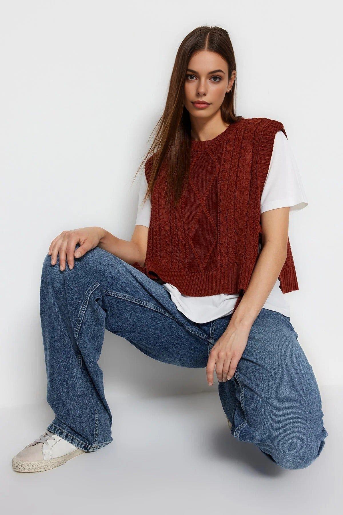 Cable Knit Cropped Sweater Vest with Side Tie Detail by WOVCOR
