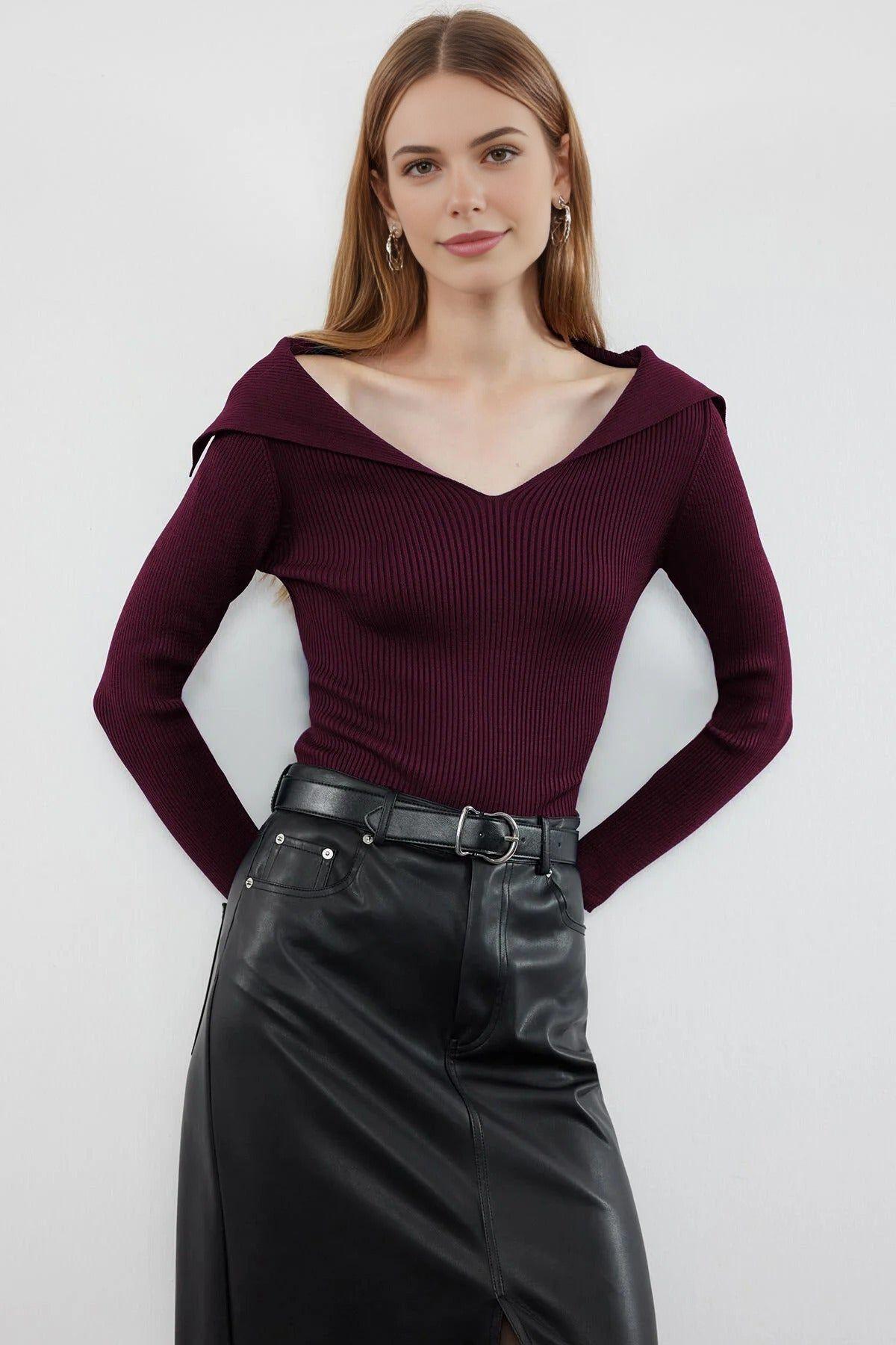 Carmen Collar Knit Sweater Off-Shoulder Rib Knitted Jumper by WOVCOR