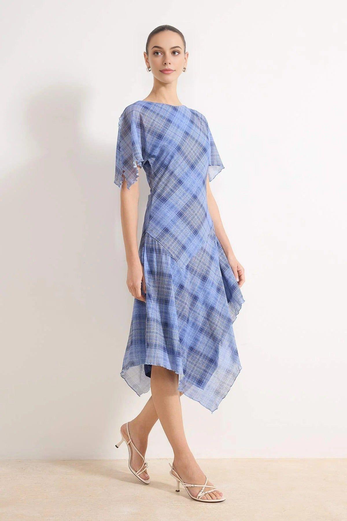 Check Asymmetric Hem Angel Sleeve Midi Dress by WOVCOR