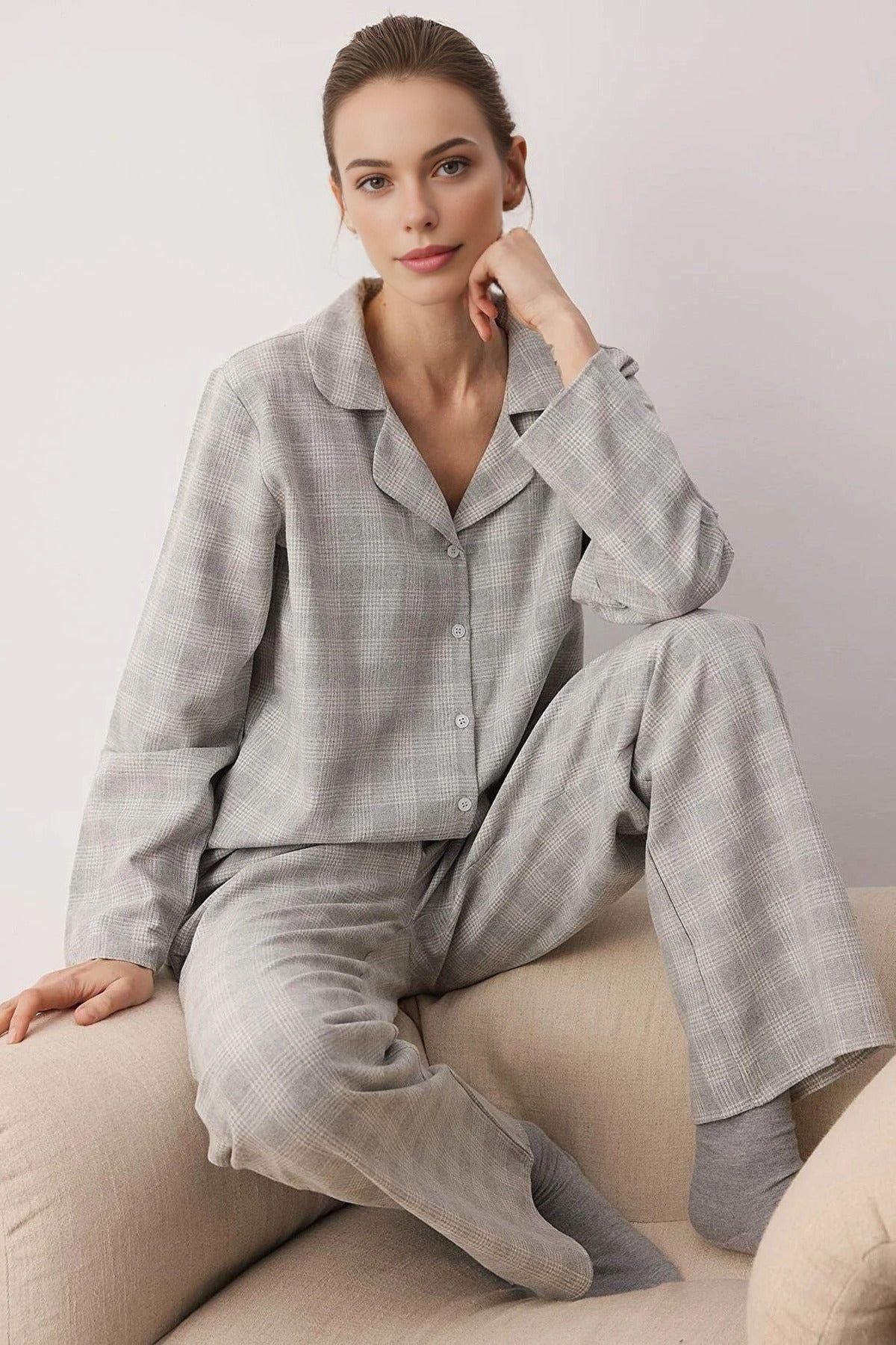 Check Flannel Revere Collar Long Sleeve Cotton Woven Pyjama Set by WOVCOR