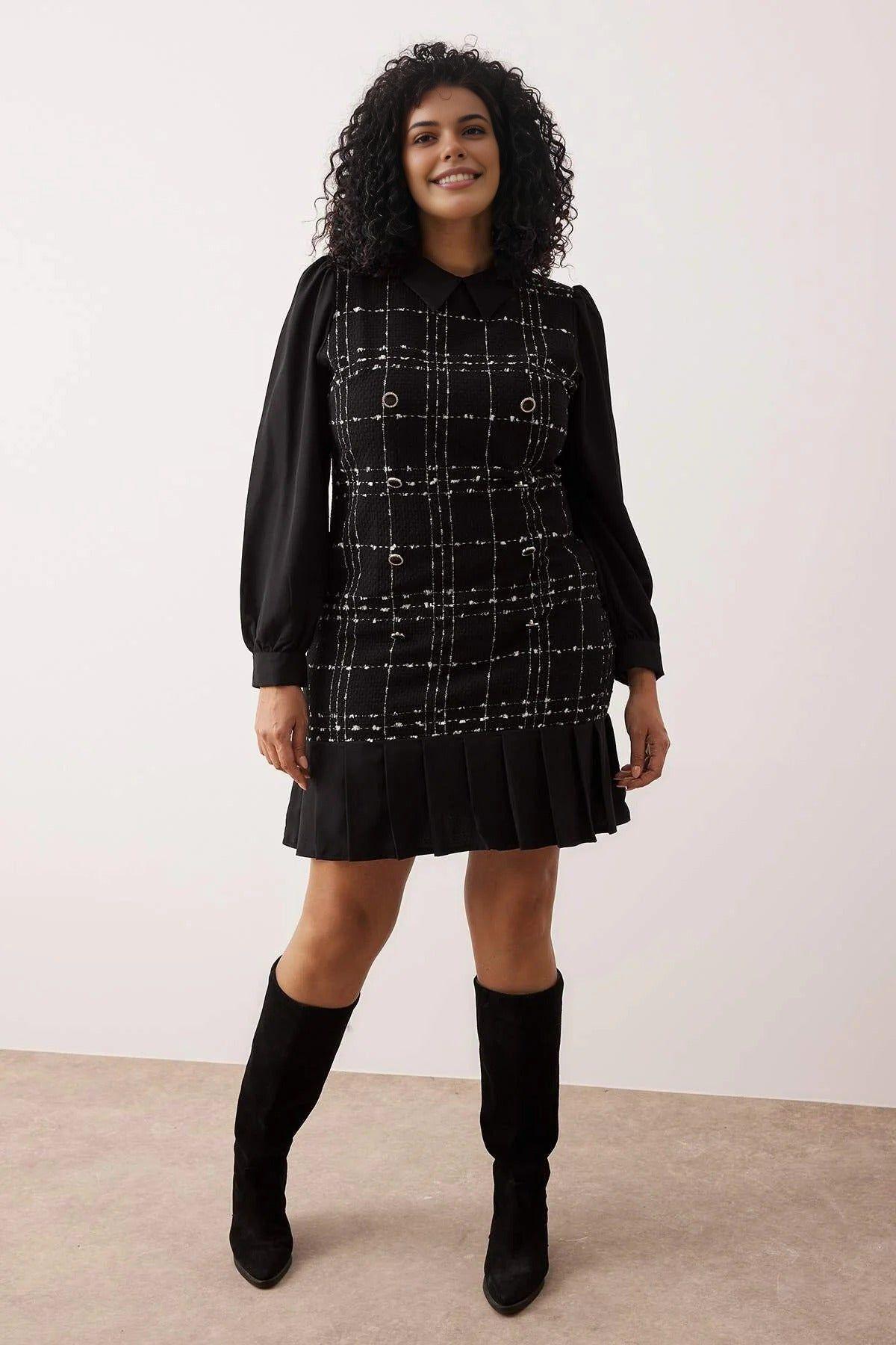 Check Pattern Double Breasted Pleated Hem Mini Woven Dress by WOVCOR