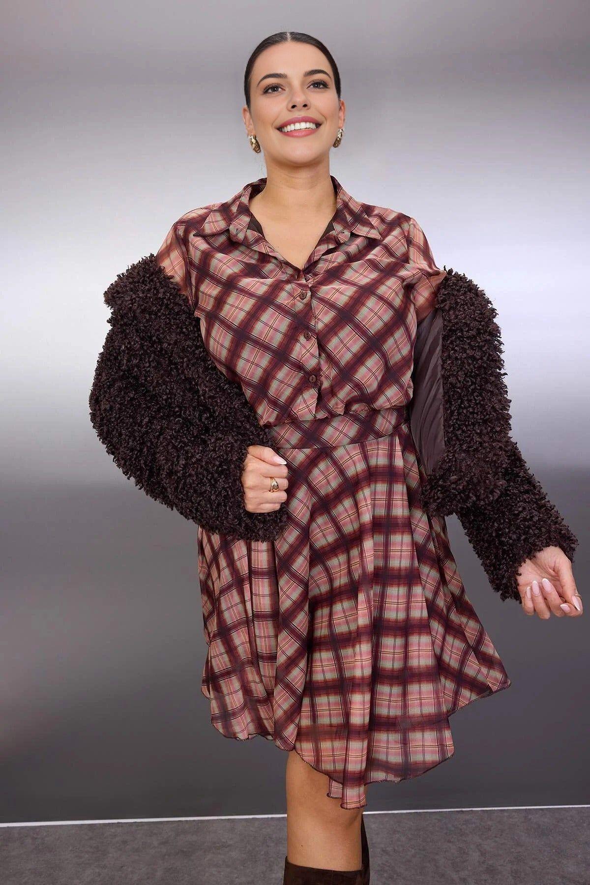 Check Print Button Front Shirt Mini Dress by WOVCOR